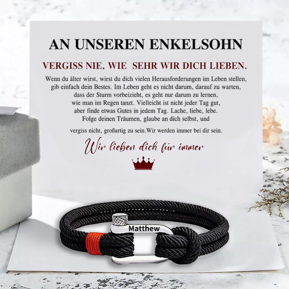 Herren Personalisierter 1 Name Edelstahl Hufeisenschnalle Handseil Armband-An unseren Enkelsohn-Geschenk mit Nachrichtenkarte