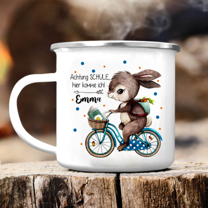 Emaille Tasse-Personalisierter Name Hase Emaille Becher Achtung Schule hier komme ich Schukind Geschenk zum Schulanfang