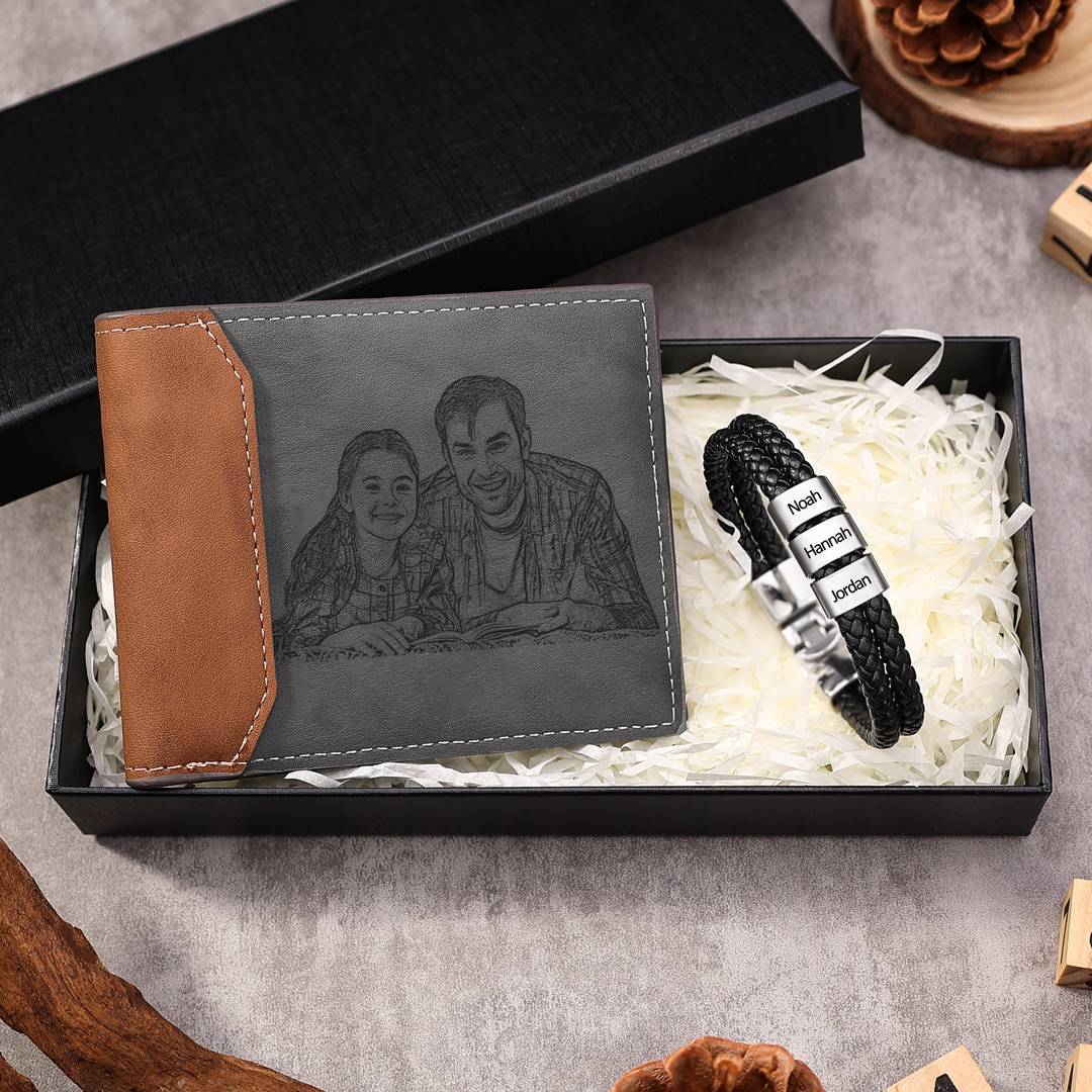 Personalisiertes Foto & Name & Buchstabe Geldbörse & 3 Namen Armband Geschenkpackung Geschenkbox set für Opa