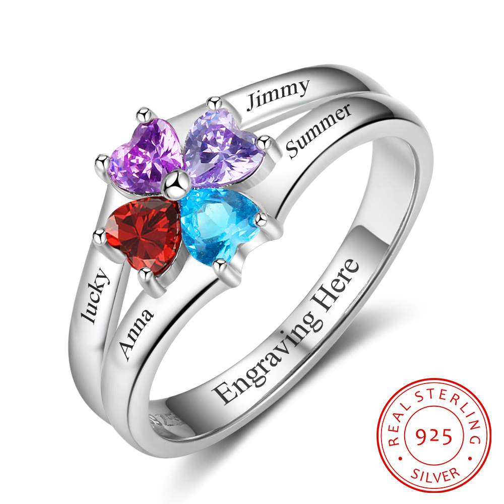 Personalisierte Mutter Ring mit 4 simulierten Geburtssteinen eingraviert 4 Namen Familienring Geschenk für Mama