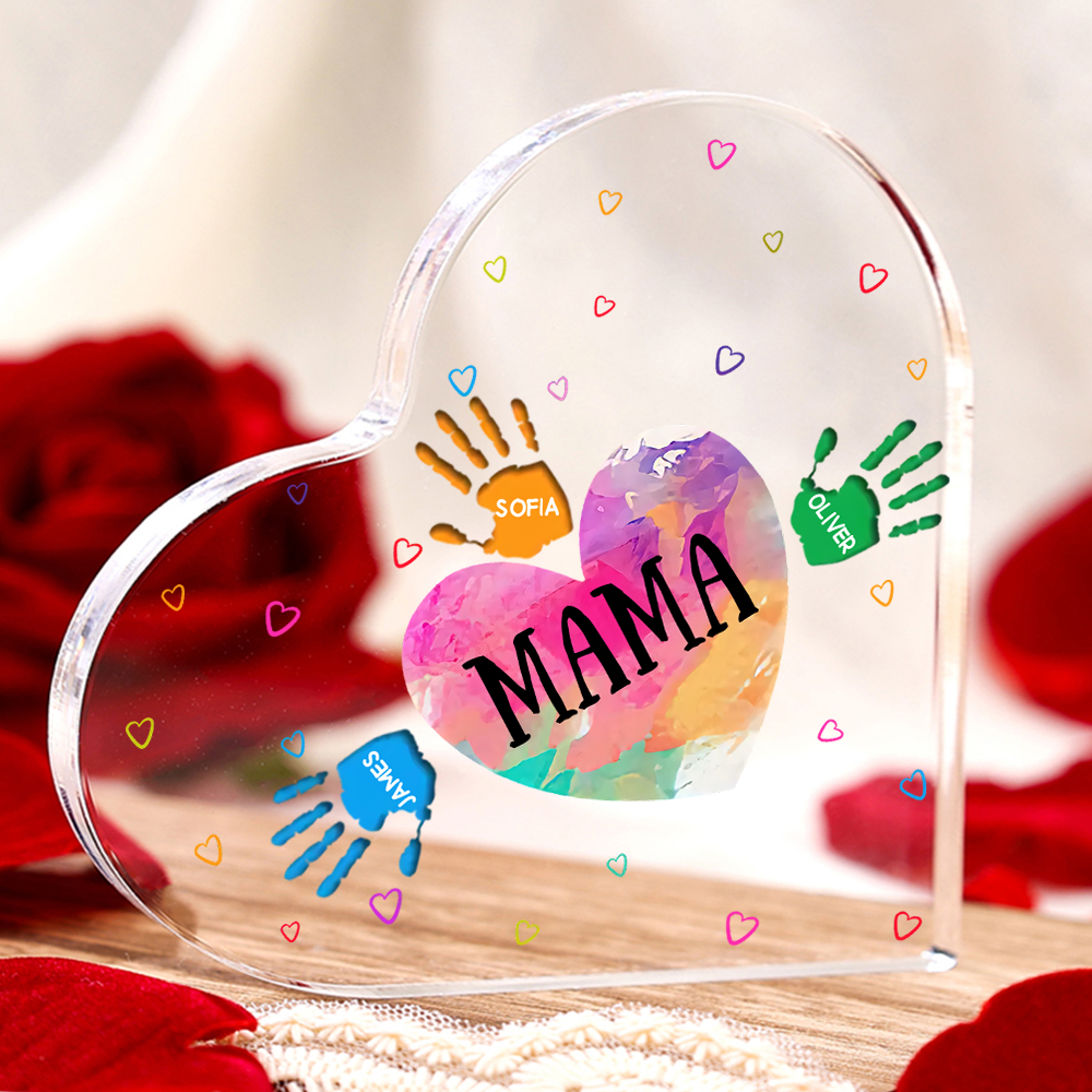 Personalisierte 3 Namen & Text Herz Familie Acryl-Deko Schreibtischdekoration für Mutter