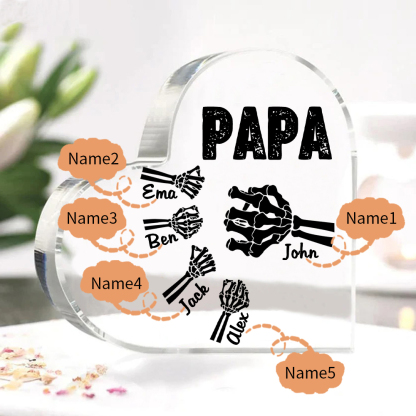 Personalisierte 5 Namen Acryl-Deko Papa Skelett Hand Schreibtischdekoration für Vater