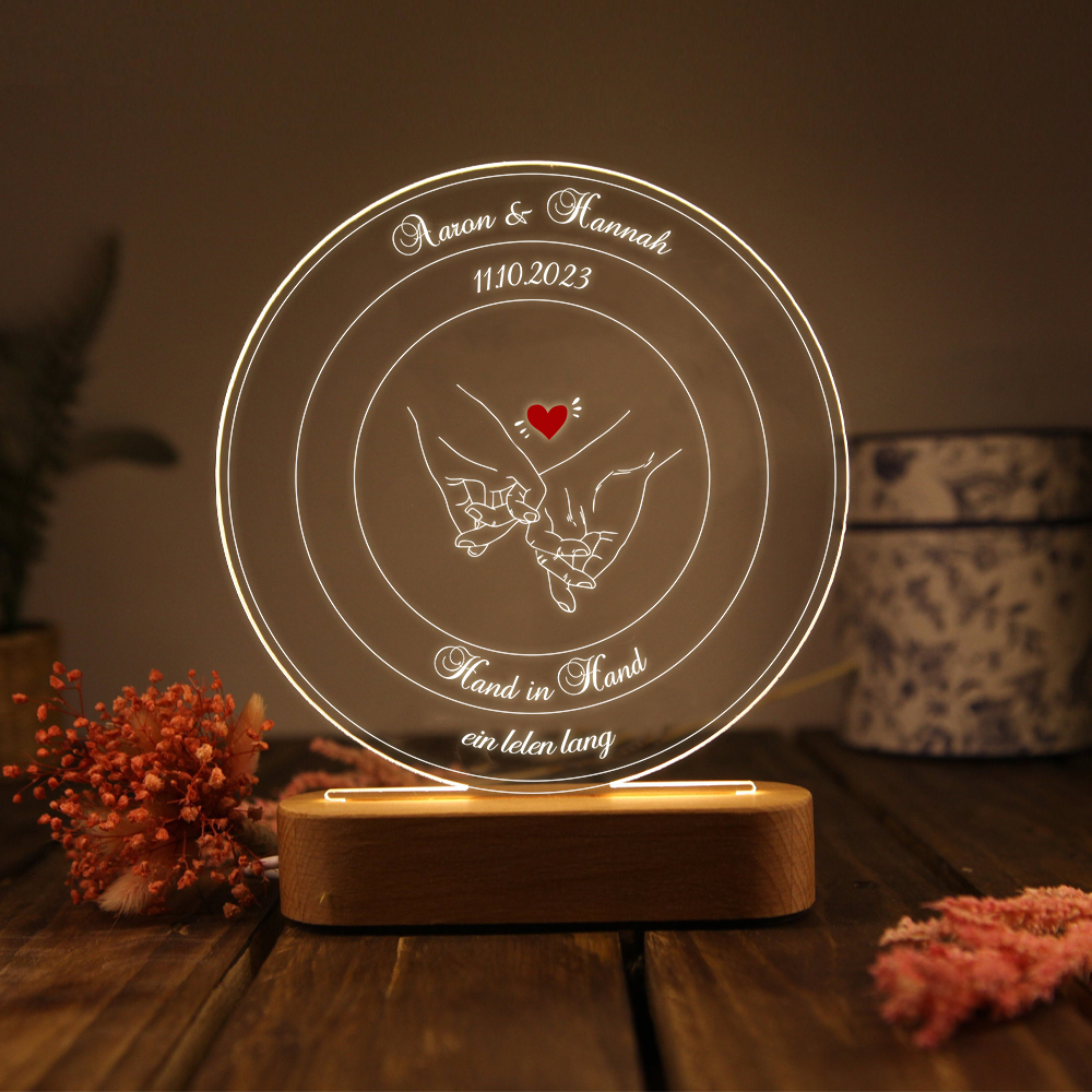 Liebe Nachtlicht Personalisierte 2 Namen & Datum-Hand in Hand ein Leben lang-Geschenk für Paare