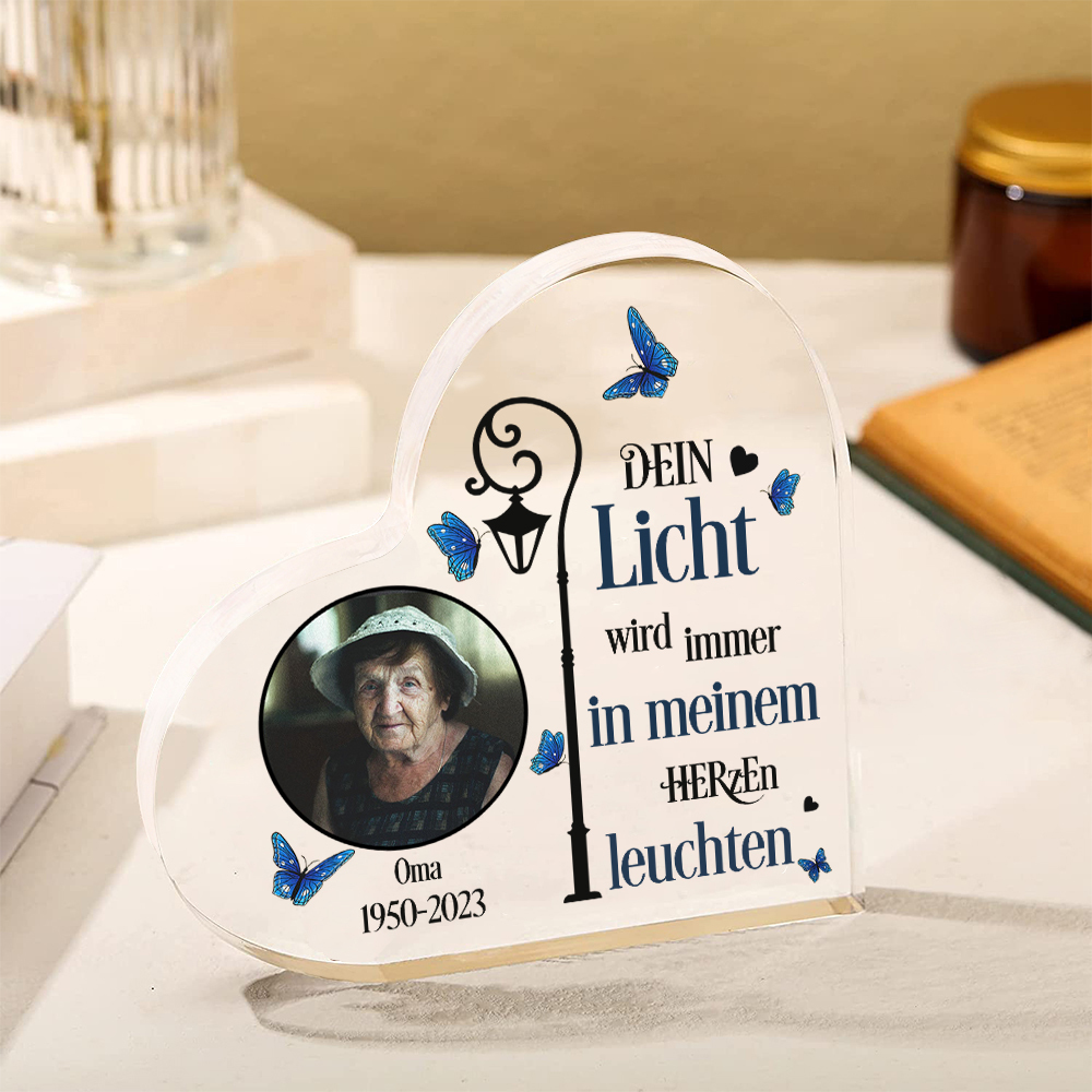 Personalisierter Name & Jahr & Foto Acryl-Deko-Dein Licht wird immer in meinem Herzen leuchten-Trauer Schreibtischdekoration