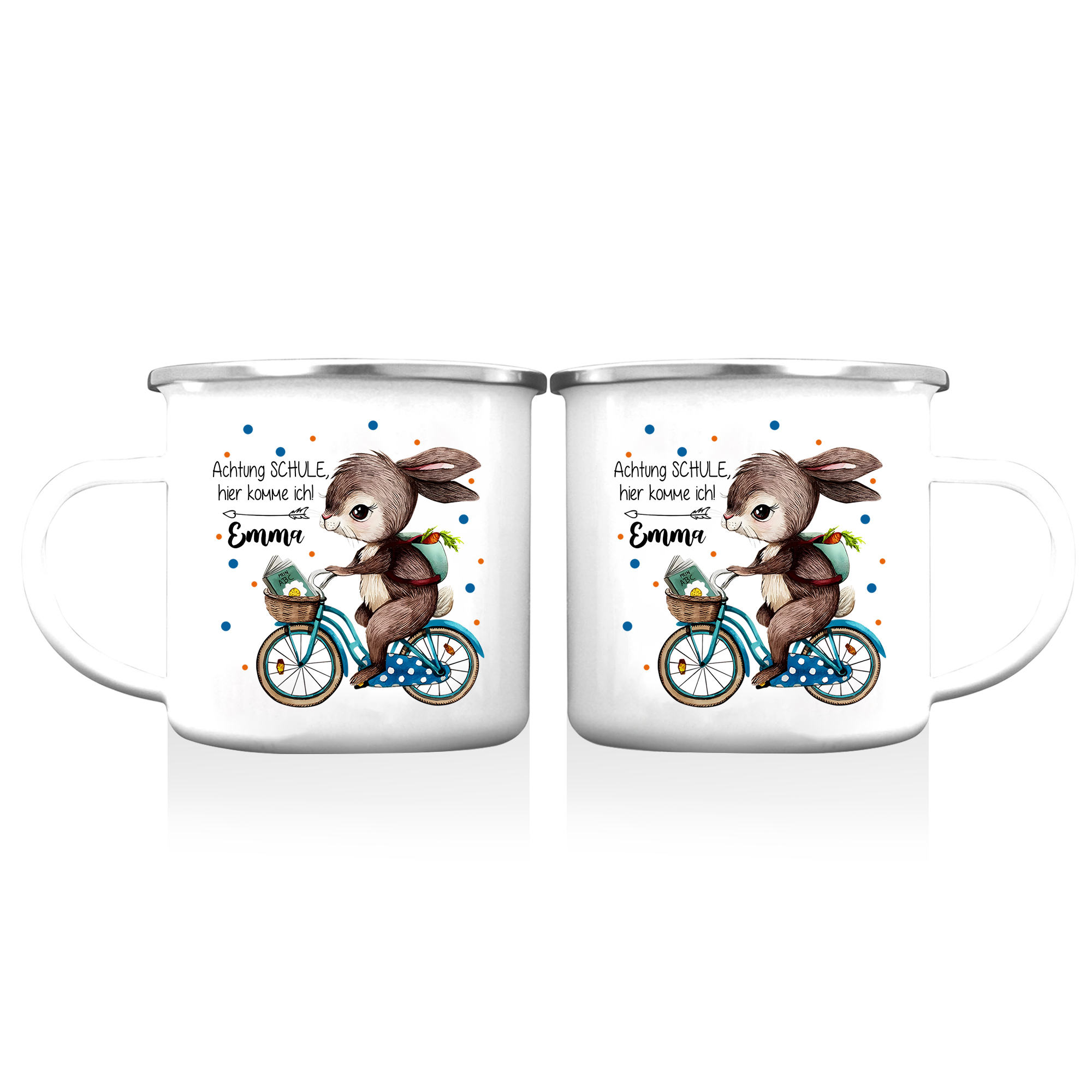 Emaille Tasse-Personalisierter Name Hase Emaille Becher Achtung Schule hier komme ich Schukind Geschenk zum Schulanfang