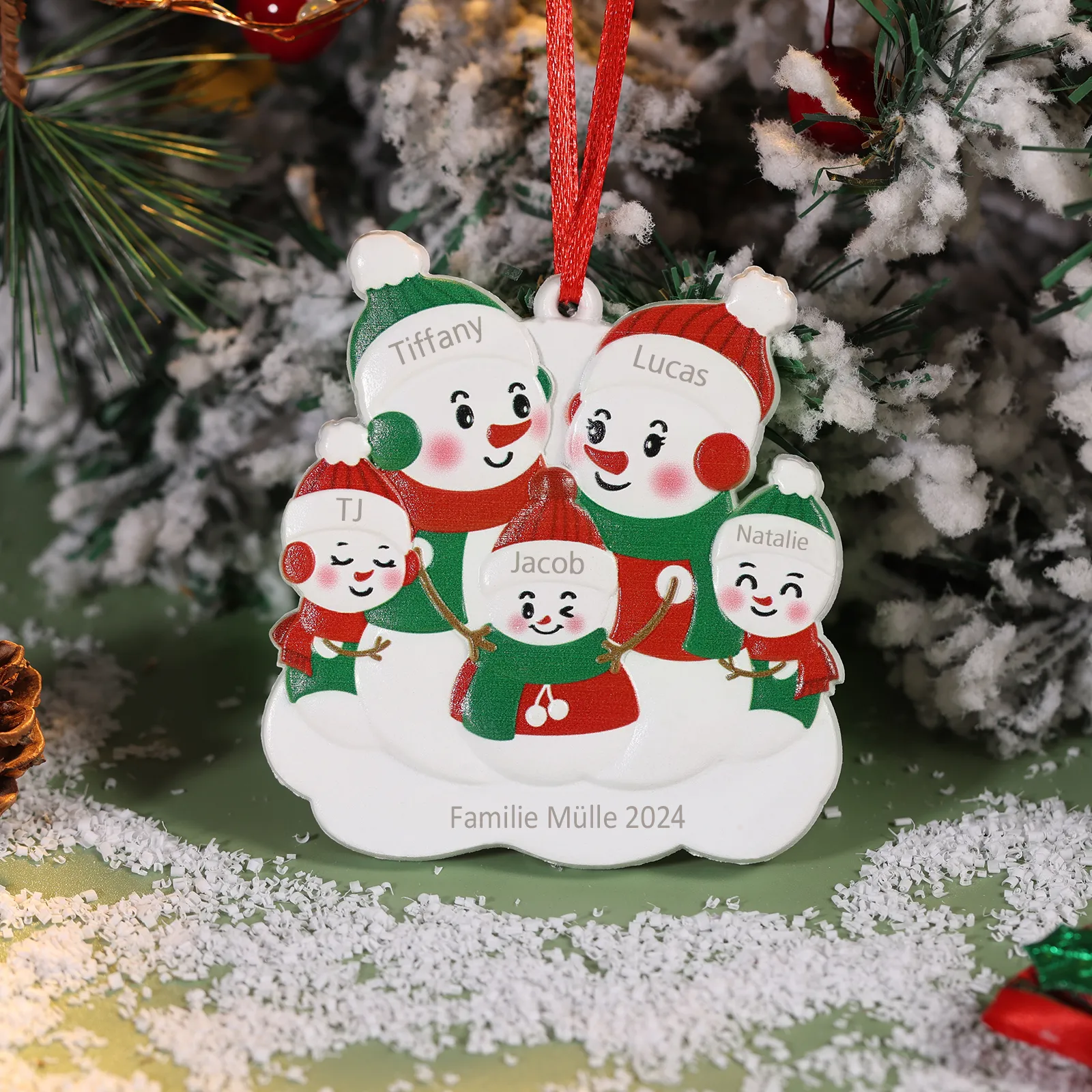Harz Personalisierte 5 Namen & Text Schneemann Weihnachtsornament Weihnachtsbaum Anhänger mit 5 Familienmitgliedern