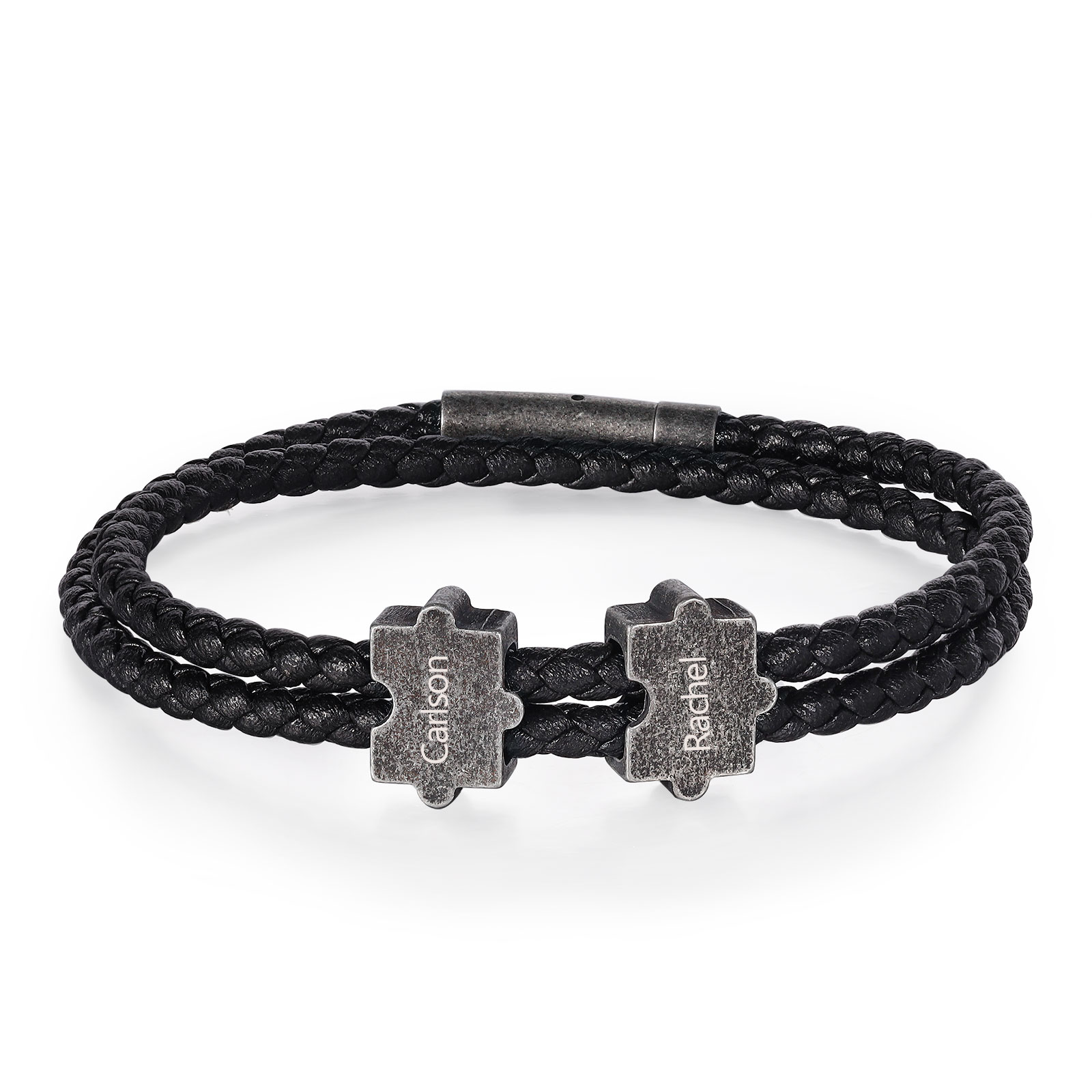 Herren Personalisierte 2 Namen Leder Vintage Armband mit Edelstahl Puzzle