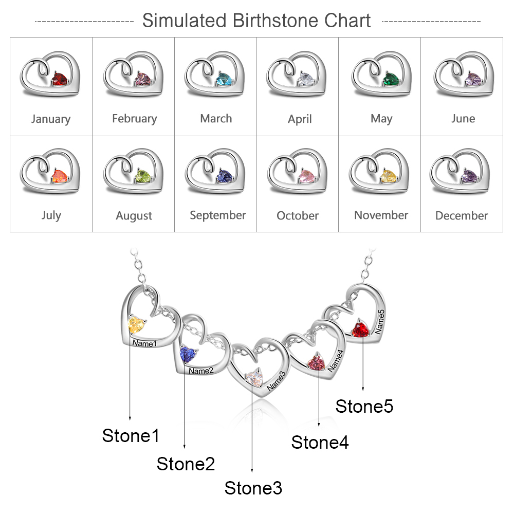 Personalisierte 5 Namen Herzförmig Halskette mit 5 Geburtssteinen