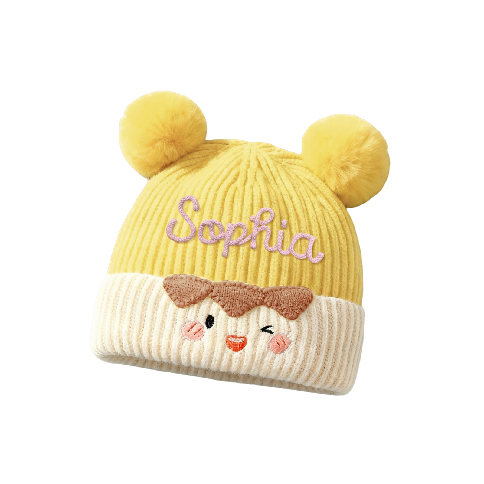 Bestickte warme Kinder-Beanie-Strickmütze mit Bommel und Wunschnamen