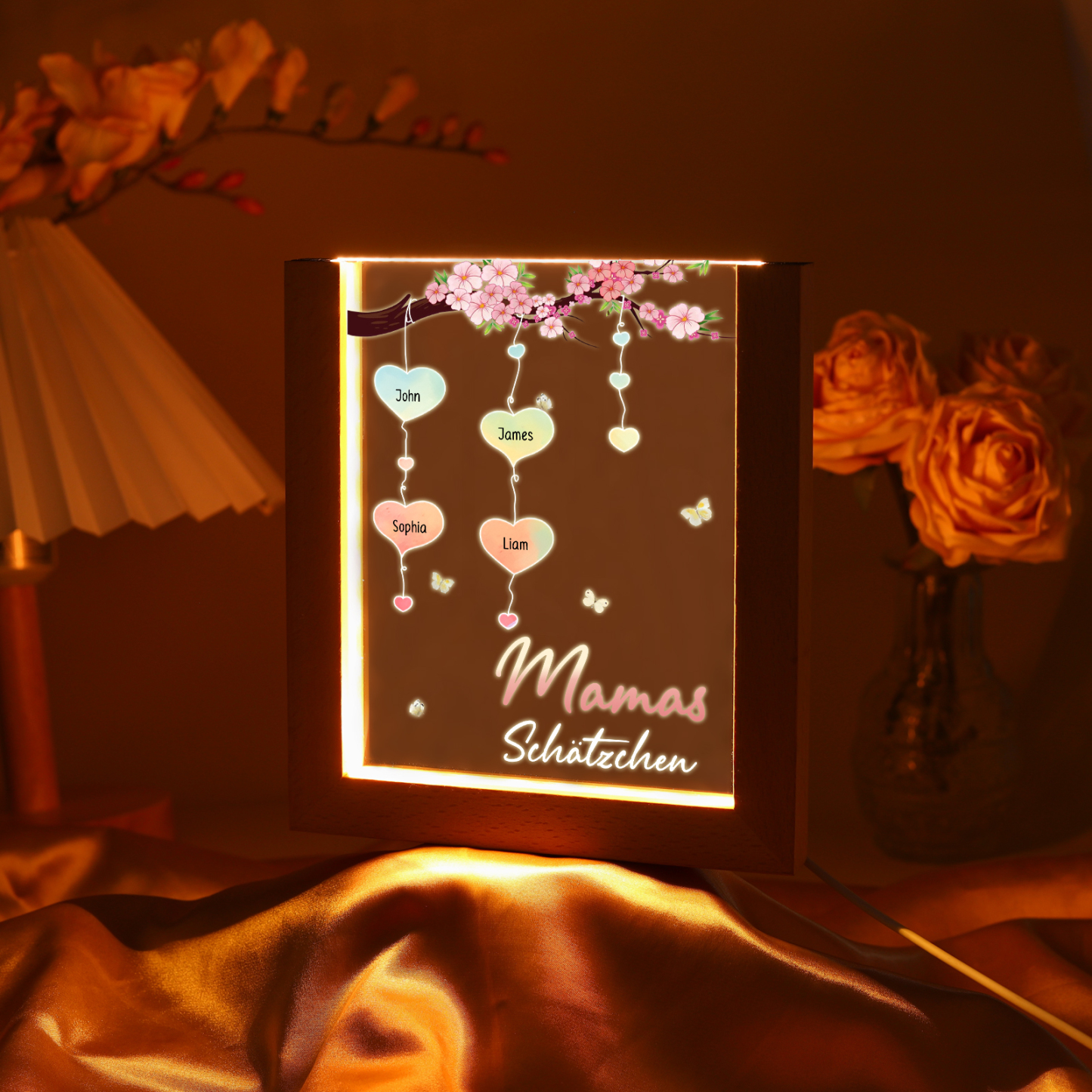 Personalisierte 4 Namen & Text Pfirsichblüte Familienbaum Acryl Rahmen Nachtlicht Geschenk für Großmutter/Mutter zum Muttertag