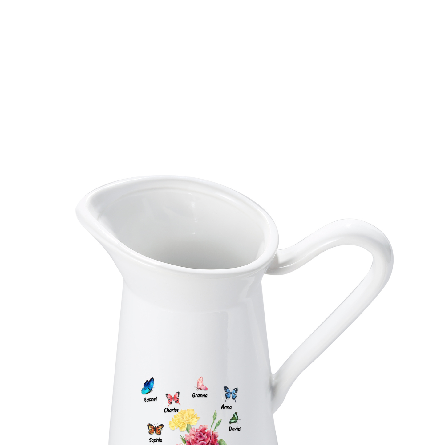 Personalisierte 6 Namen & Text Blumen & Schmetterling Gießvase mit Henkel Familie Vase