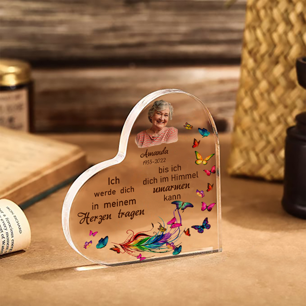 Personalisierter Name & Jahr & Foto Acryl-Deko-Ich werde dich in meinem Herzen tragen-Trauer Schreibtischdekoration