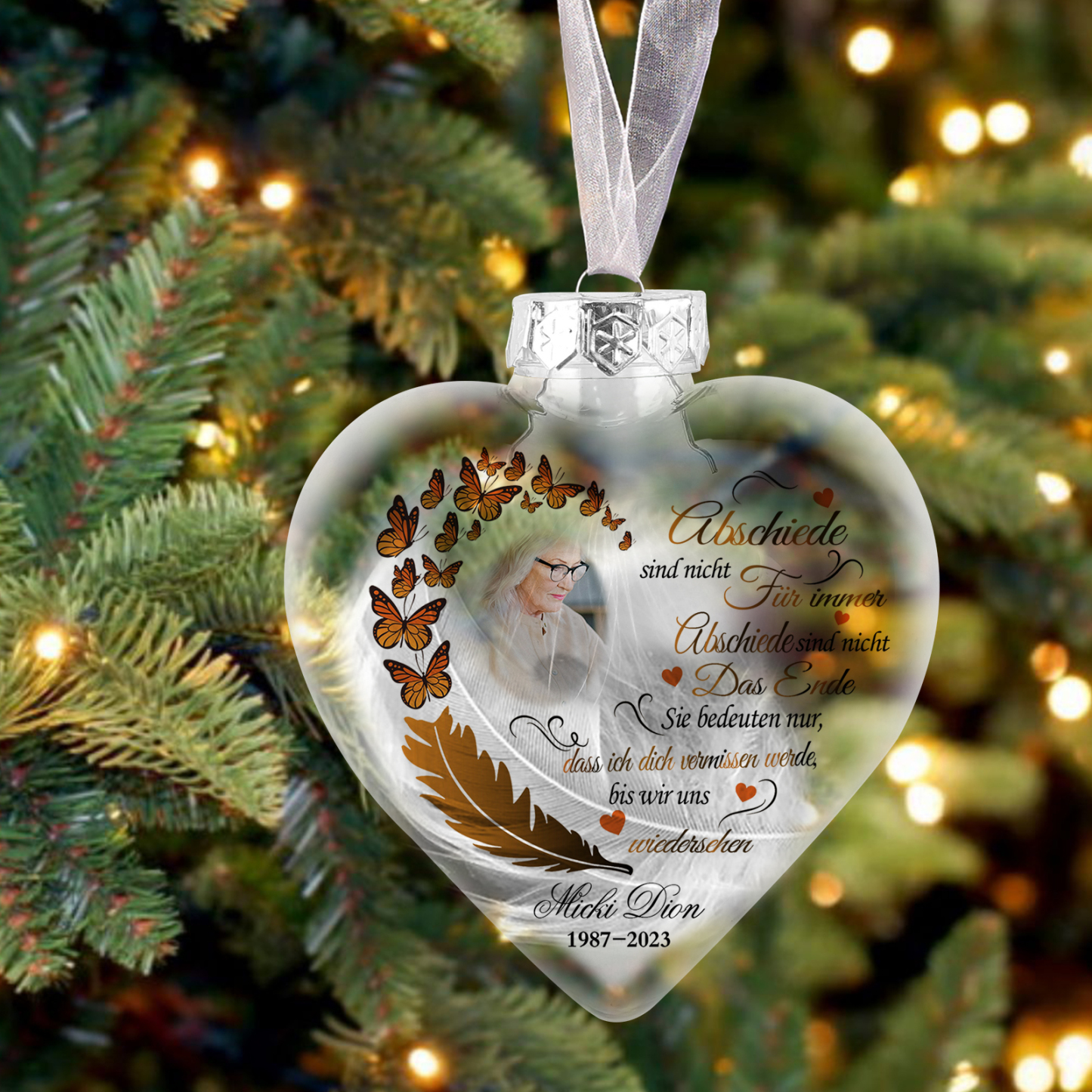 Personalisierbare 2 Texte & Foto Andenken Weihnachtsornament-Abschiede sind nicht für immer-Herz Weihnachtskugeln mit der Feder Weihnachtsgeschenk