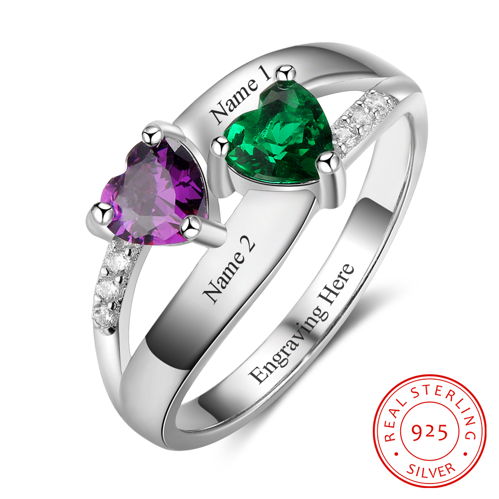 925 Sterling Silber Ring mit 2 Namen und 2 Geburtssteinen mit Gravuren