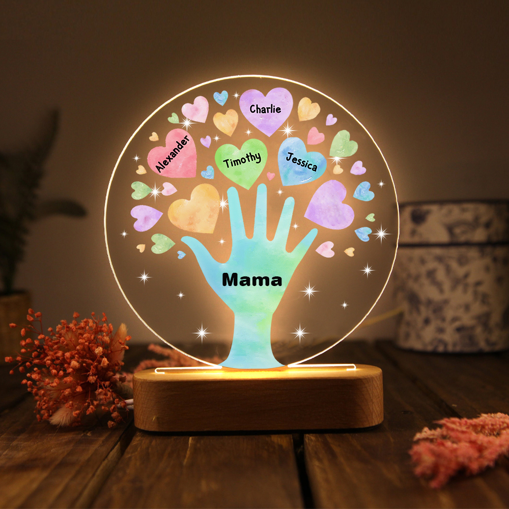 Personalisierte 4 Namen & Text Familie Hand Nachtlicht Geschenk für Großmutter/Mutter zum Muttertag