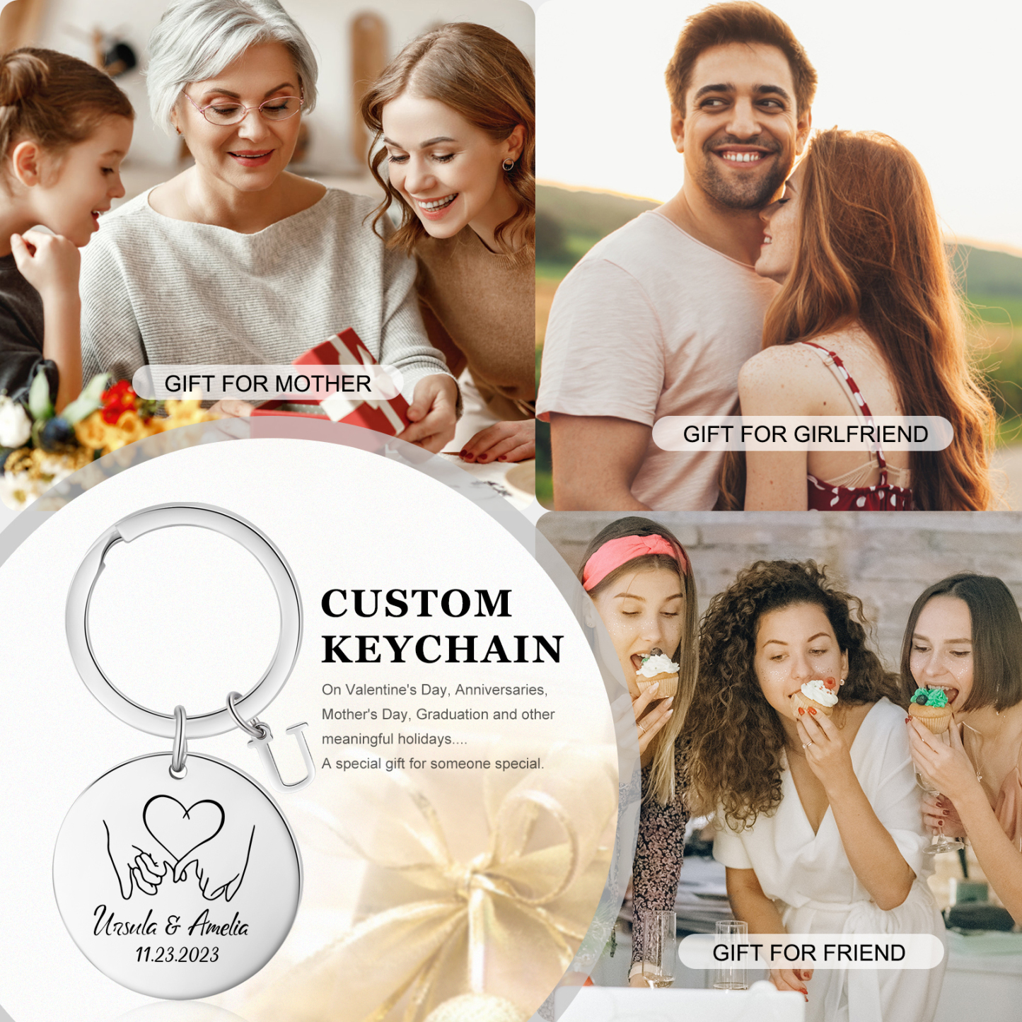 Personalisierte 2 Namen & 2 Datum & 2 Buchstaben Schlüsselanhänger & Geschenkkarte Geschenkbox Set für Paar