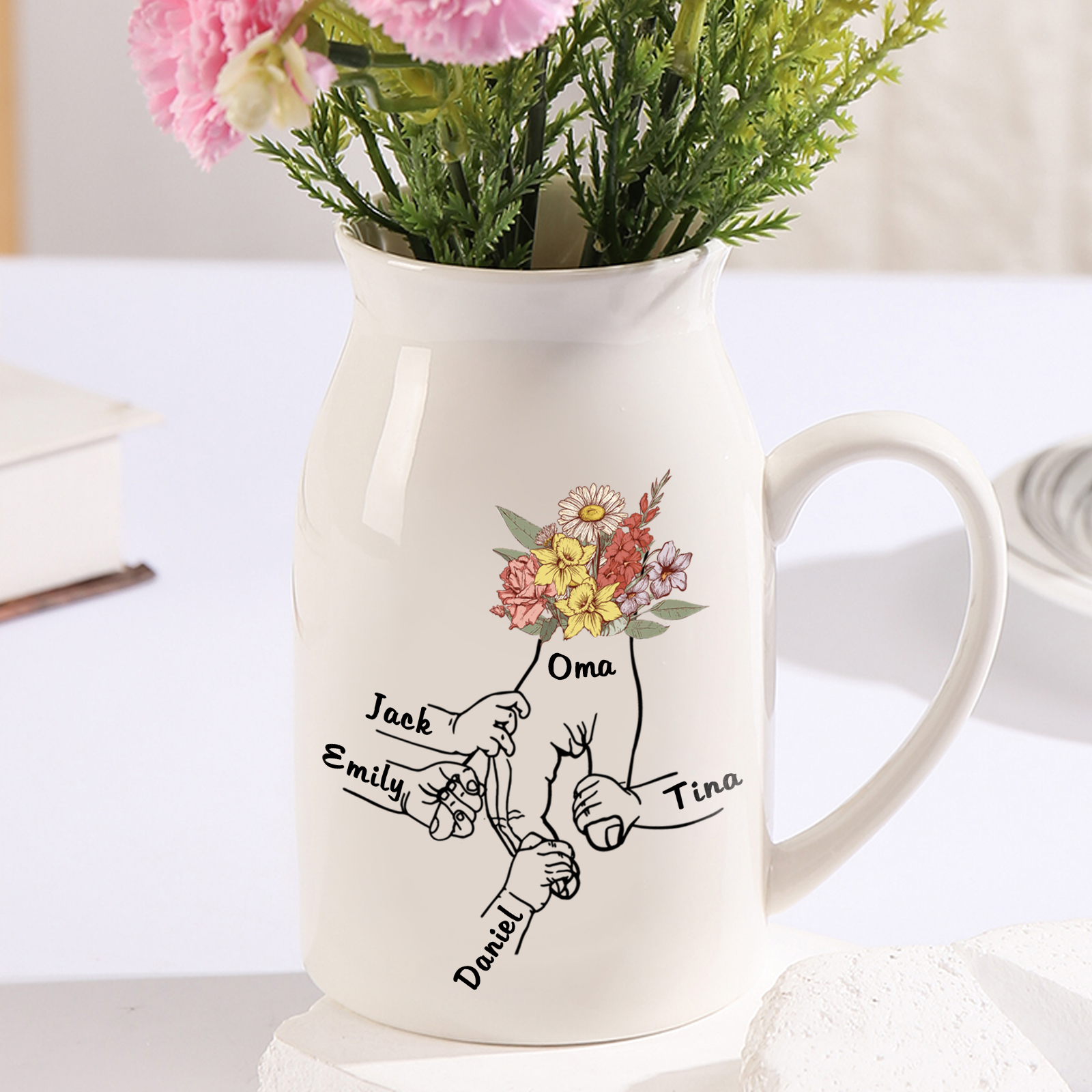 Personalisierte 4 Namen & Text Bunte Blumen Hand in Hand Familie Vase