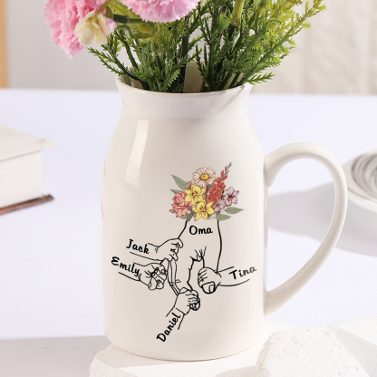 Personalisierte 4 Namen & Text Bunte Blumen Hand in Hand Familie Vase