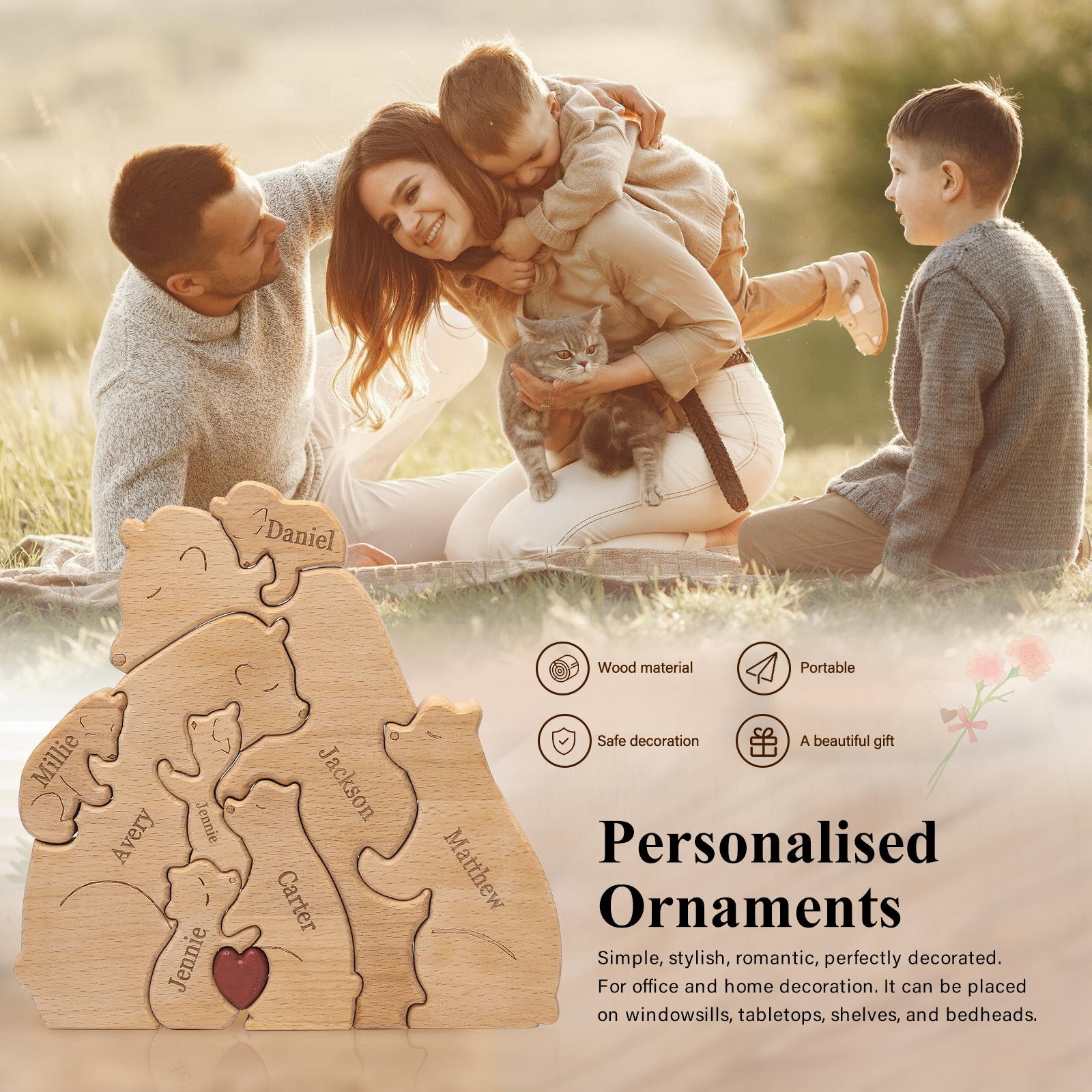 Holzskulptur-Personalisierte 8 Namen Bär Umarmung Familie Holz Deko
