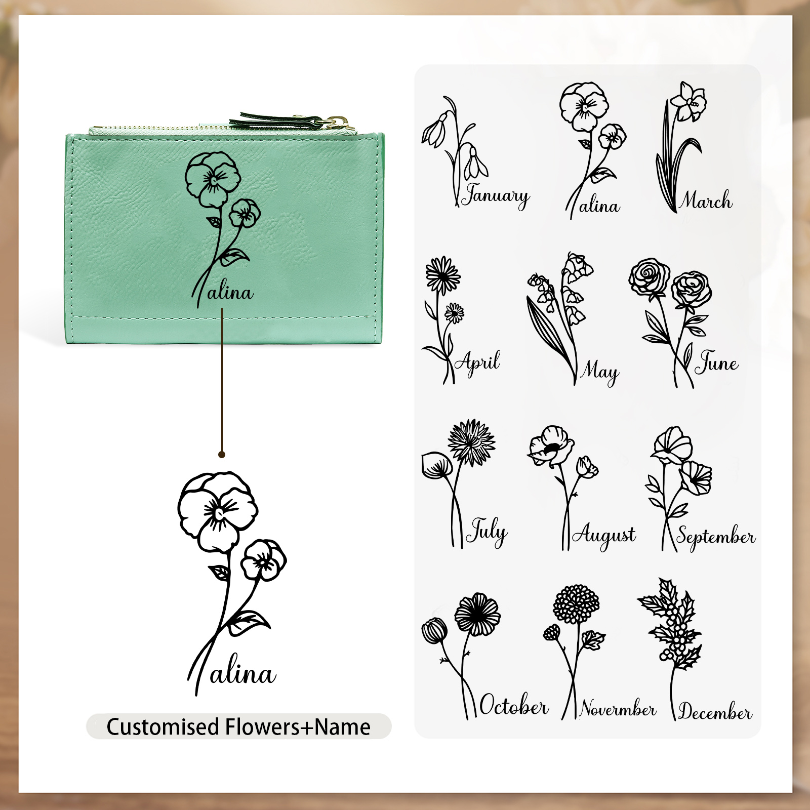 Damen Personalisierter Text & Name & Geburtsblume PU Leder Geldbörse