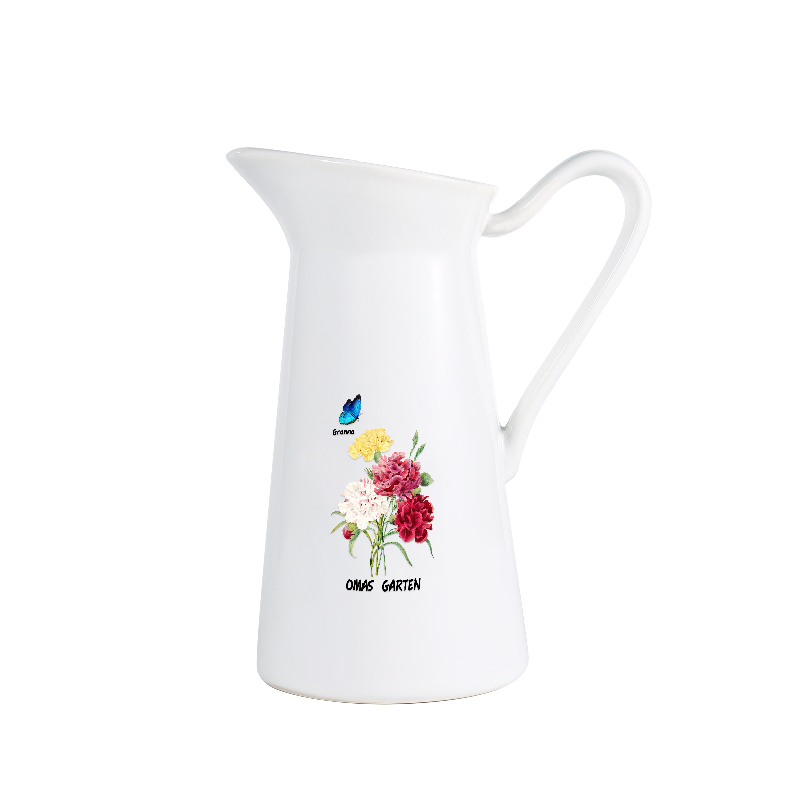 Personalisiertet 1 Name & Text Blumen & Schmetterling Gießvase mit Henkel Familie Vase