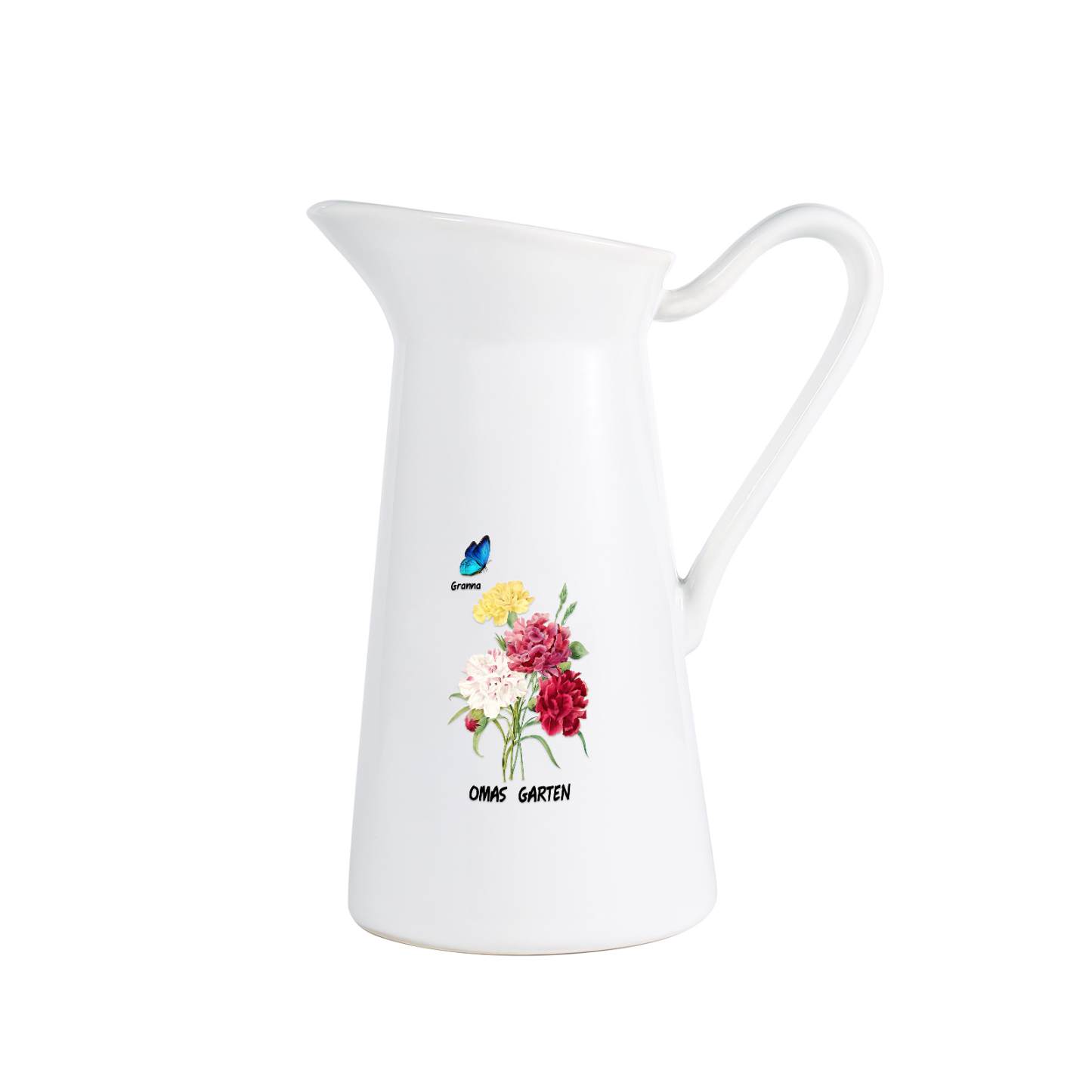 Personalisiertet 1 Name & Text Blumen & Schmetterling Gießvase mit Henkel Familie Vase