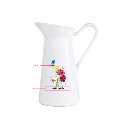 Personalisiertet 1 Name & Text Blumen & Schmetterling Gießvase mit Henkel Familie Vase