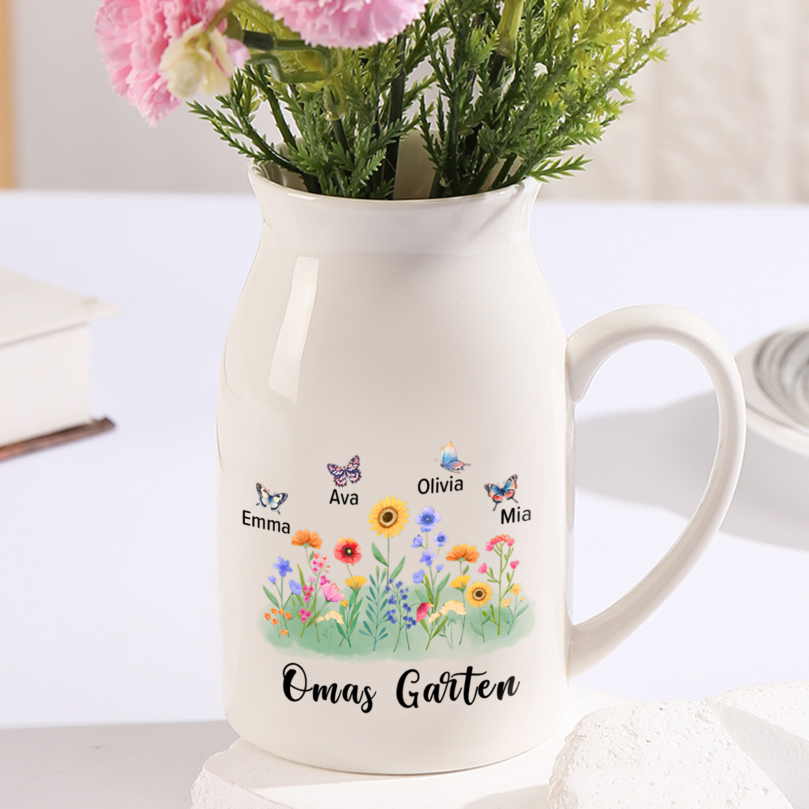 Personalisierte 4 Namen & Text Blumen & Schmetterling Familie Vase