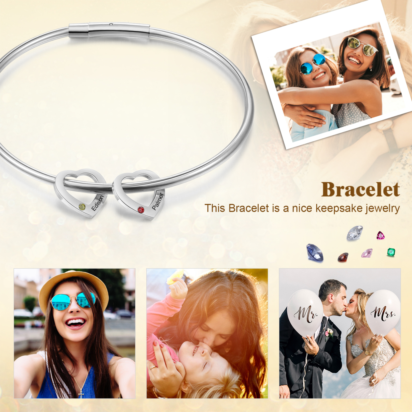 Personalisierter 2 Namen & 2 Geburtssteinen Silbernes Herz-Anhänger-Armband & Herz Halskette Geschenkset