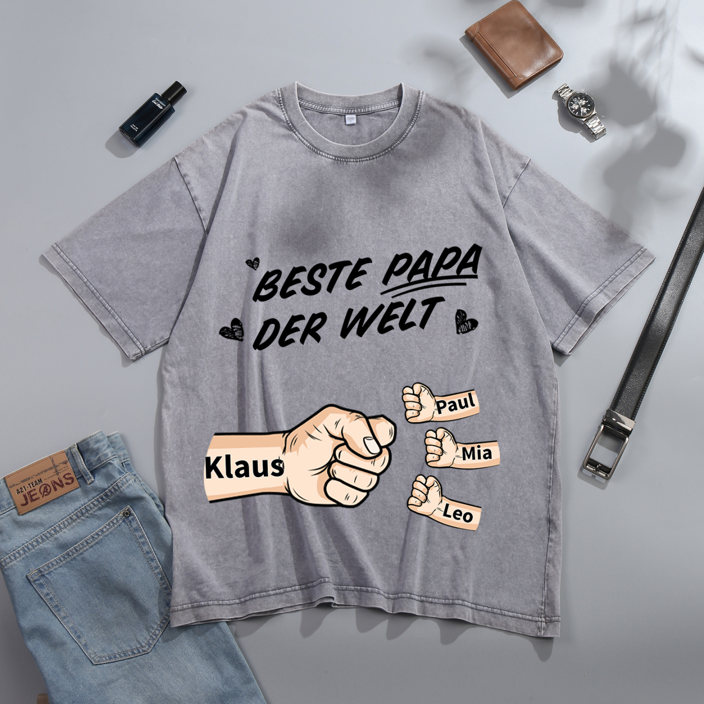 Personalisierte 1-6 Namen Fauststoß Bester Papa der Welt Herren Familie T-Shirt 