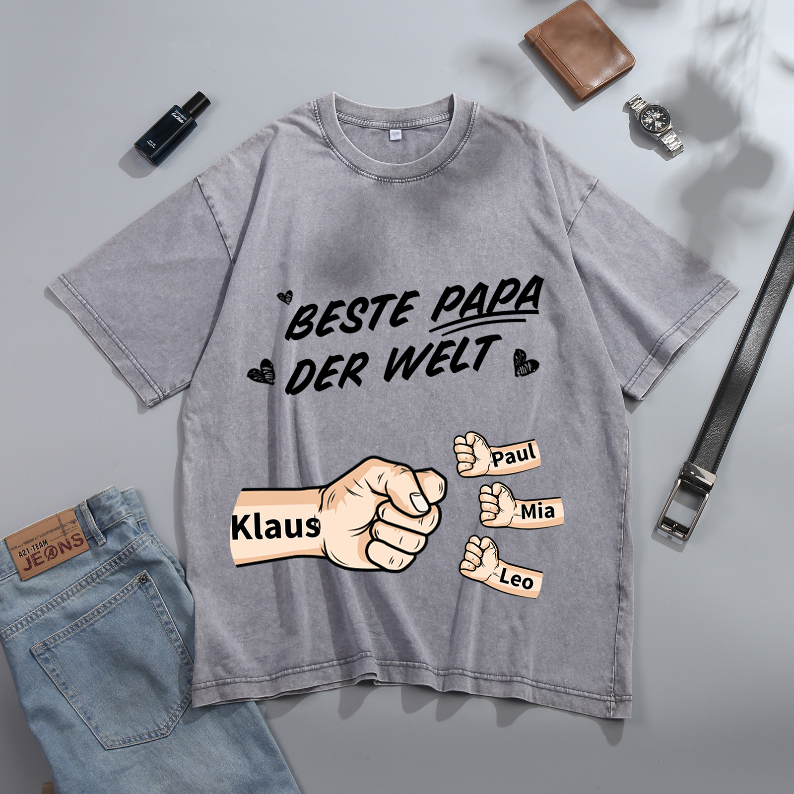 Personalisierte 1-6 Namen Fauststoß Bester Papa der Welt Herren Familie T-Shirt