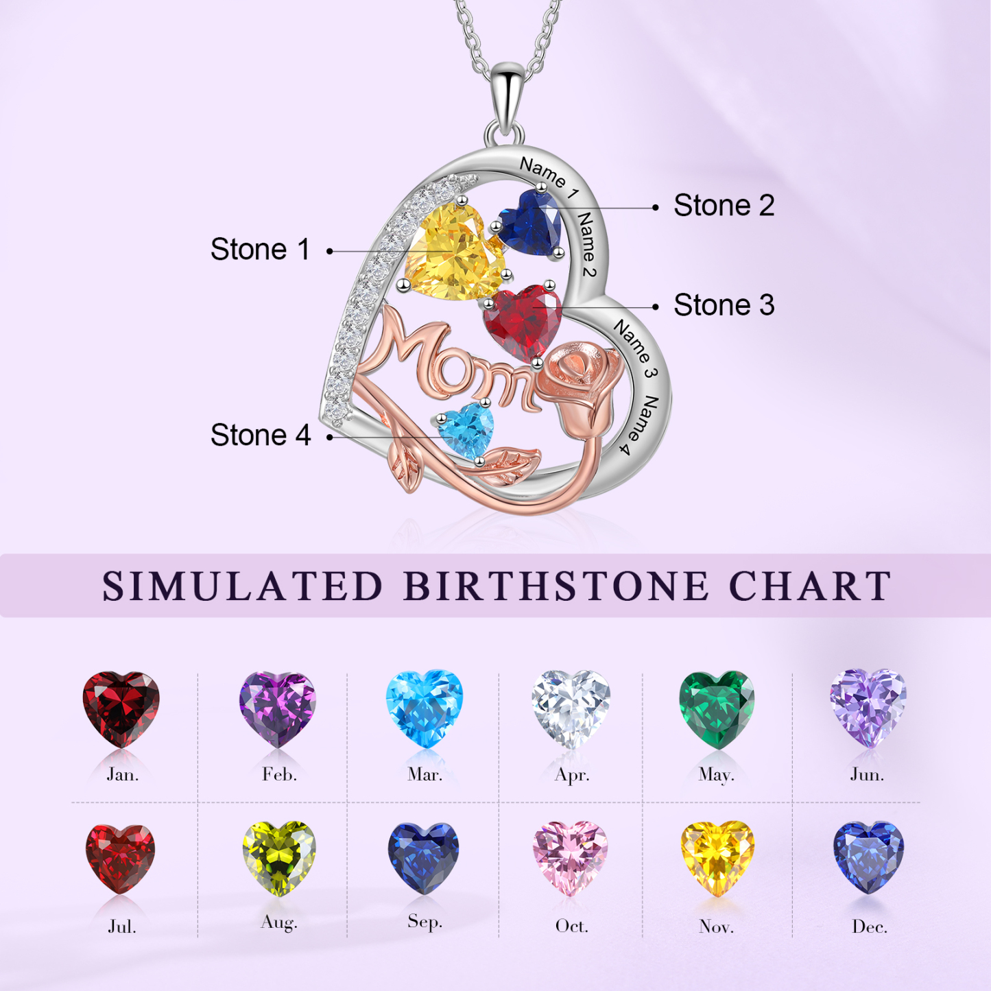 Personalisierte 4 Namen Herz Rose Gravur "MOM" Halskette mit 4 Geburtssteinen