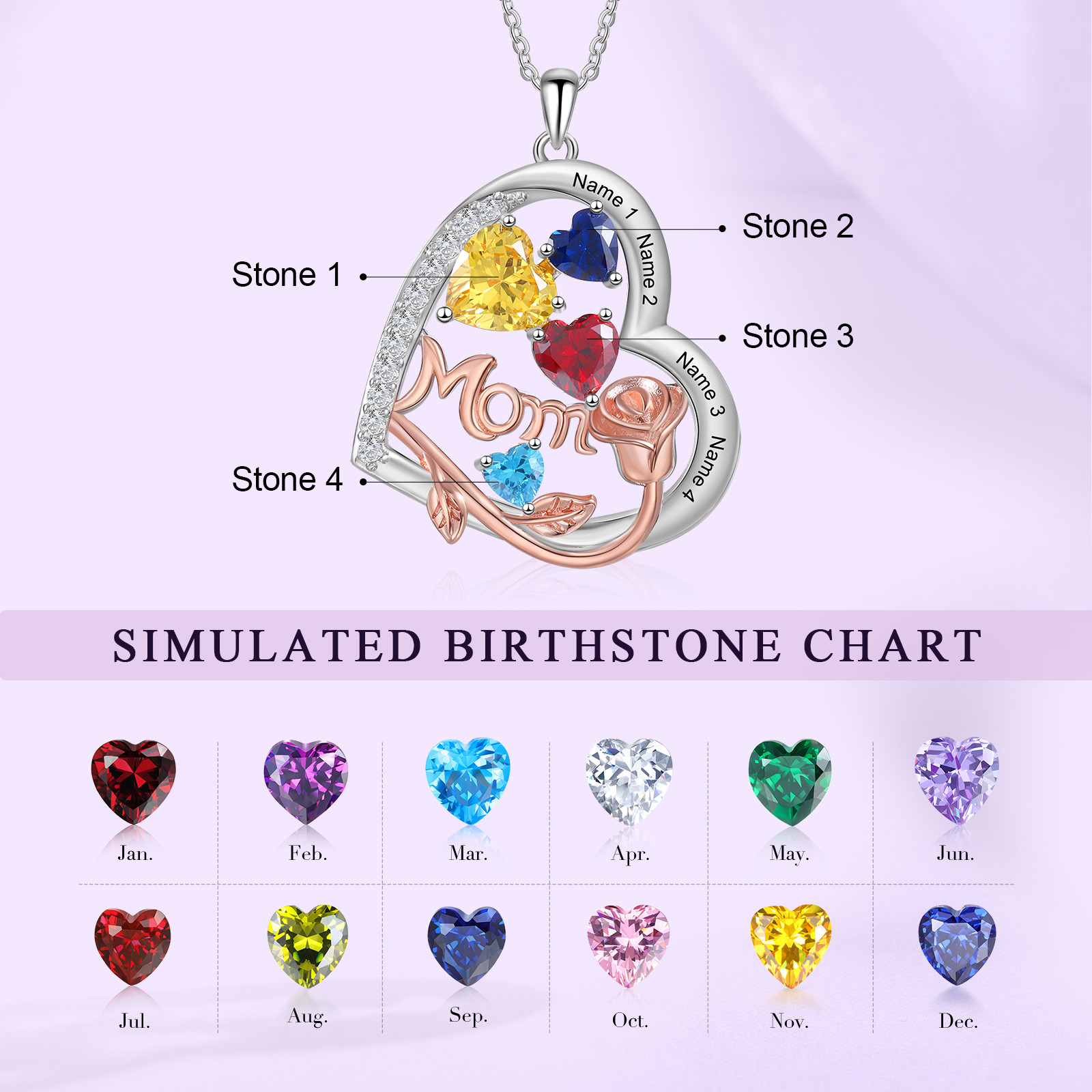 Personalisierte 4 Namen Herz Rose Gravur "MOM" Halskette mit 4 Geburtssteinen