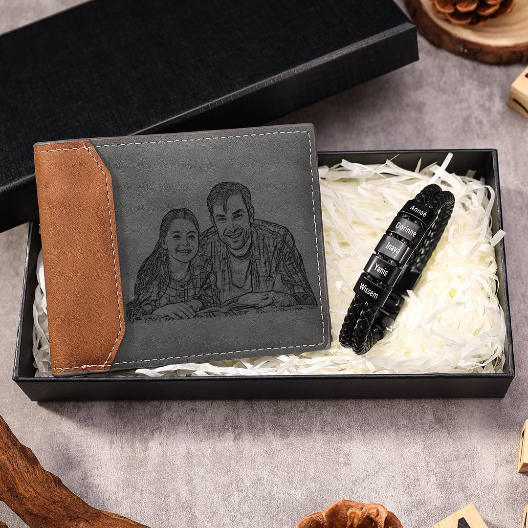 Personalisiertes Foto & Name & Buchstabe Geldbörse & 5 Namen Schwarz Armband Geschenkpackung Geschenkbox Set
