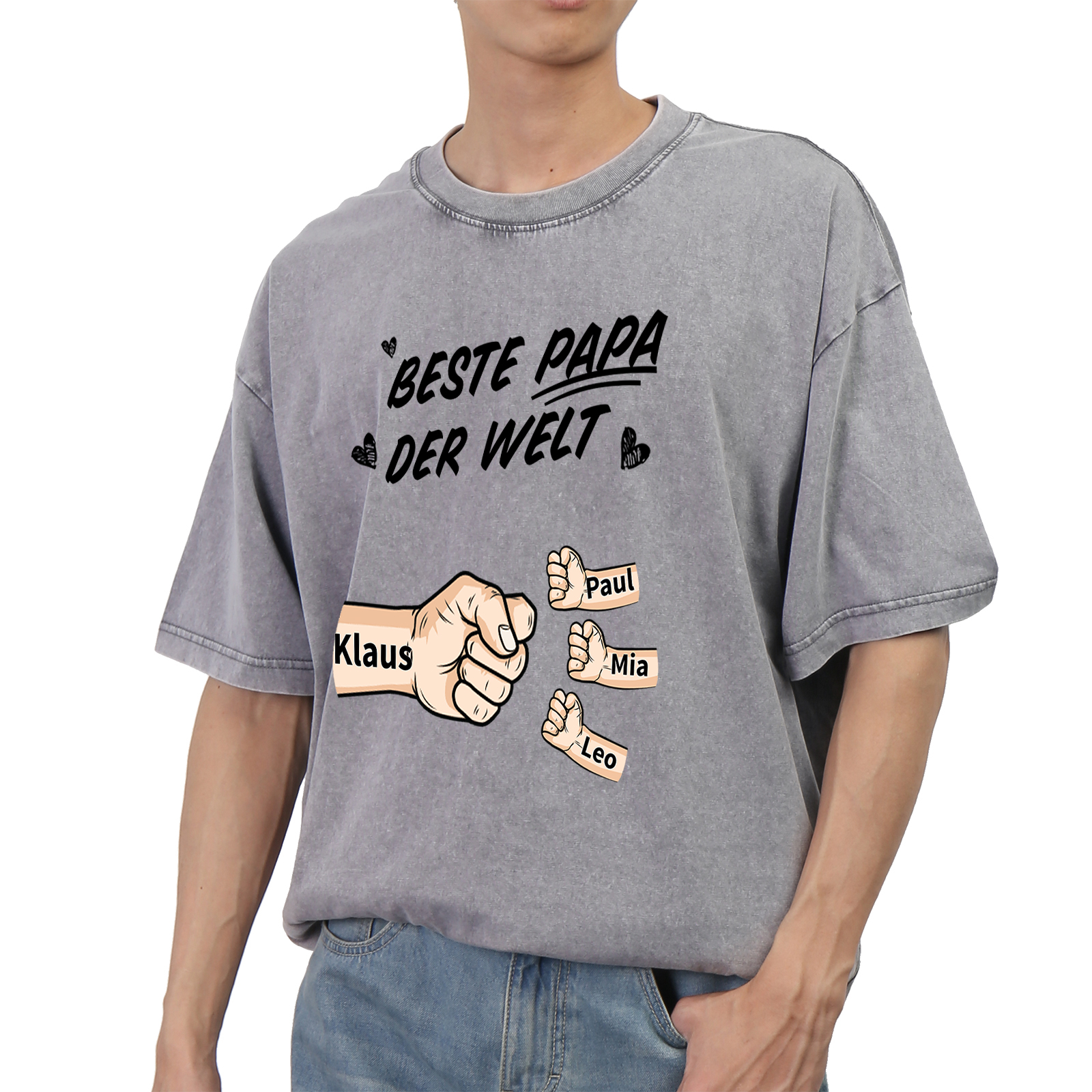 Personalisierte 1-6 Namen Fauststoß Bester Papa der Welt Herren Familie T-Shirt 
