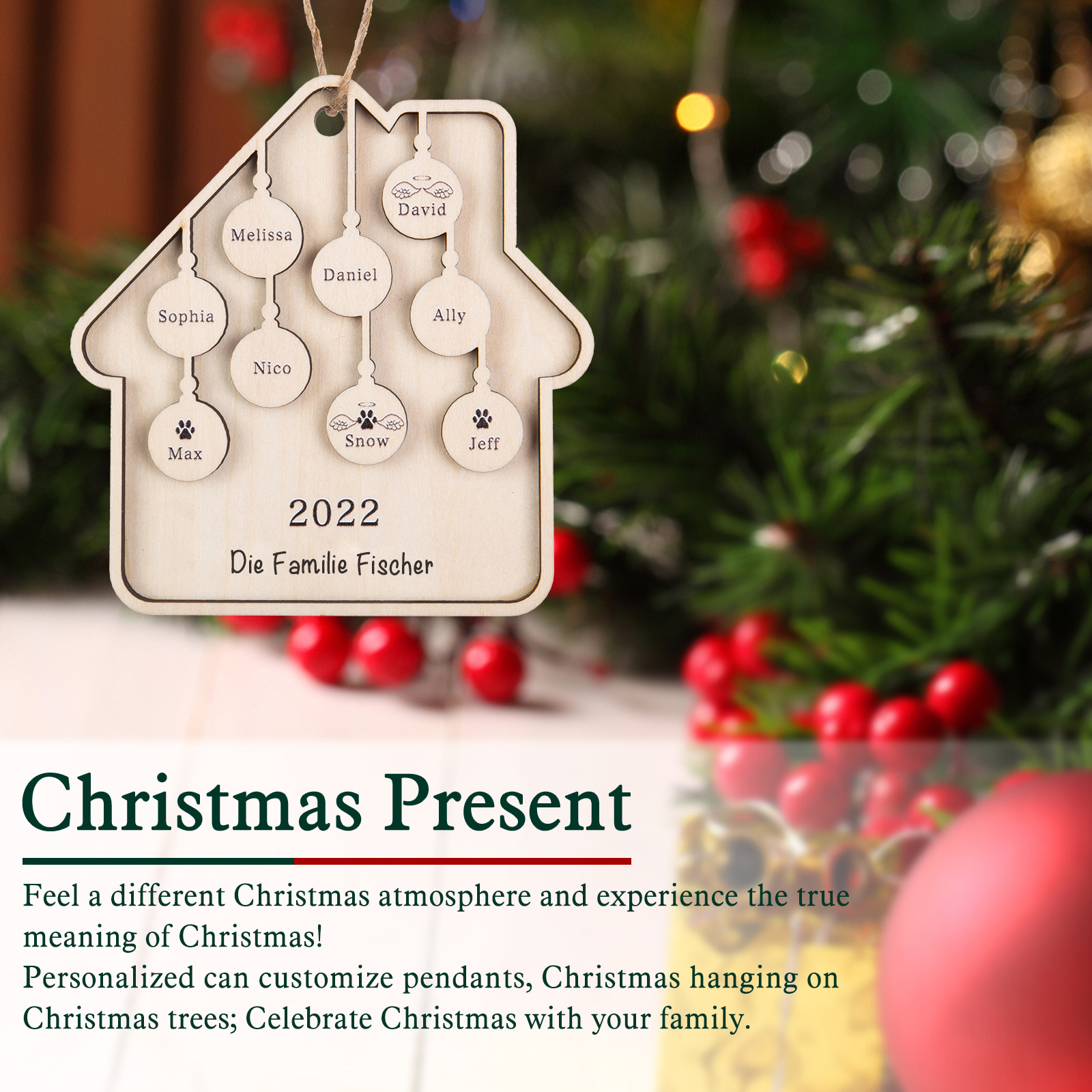Holz Weihnachtsornament-Personalisiertes 9 Namen Text Jahr Haus Ornament Anhänger 