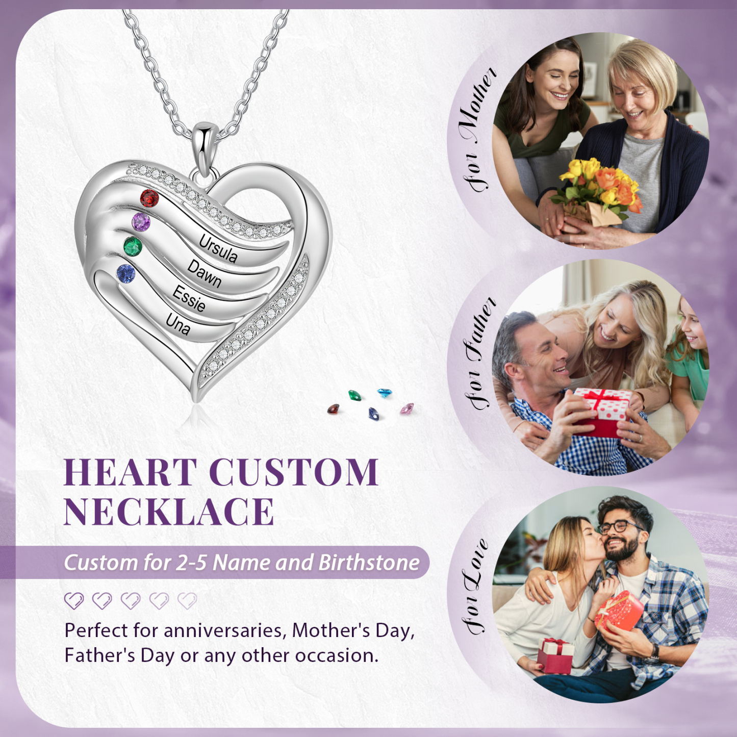 925 Sterling Silber Personalisierte 4 Namen & 4 Geburtssteine Herz Halskette mit Zirkonia