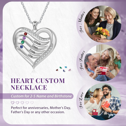 925 Sterling Silber Personalisierte 4 Namen & 4 Geburtssteine Herz Halskette mit Zirkonia