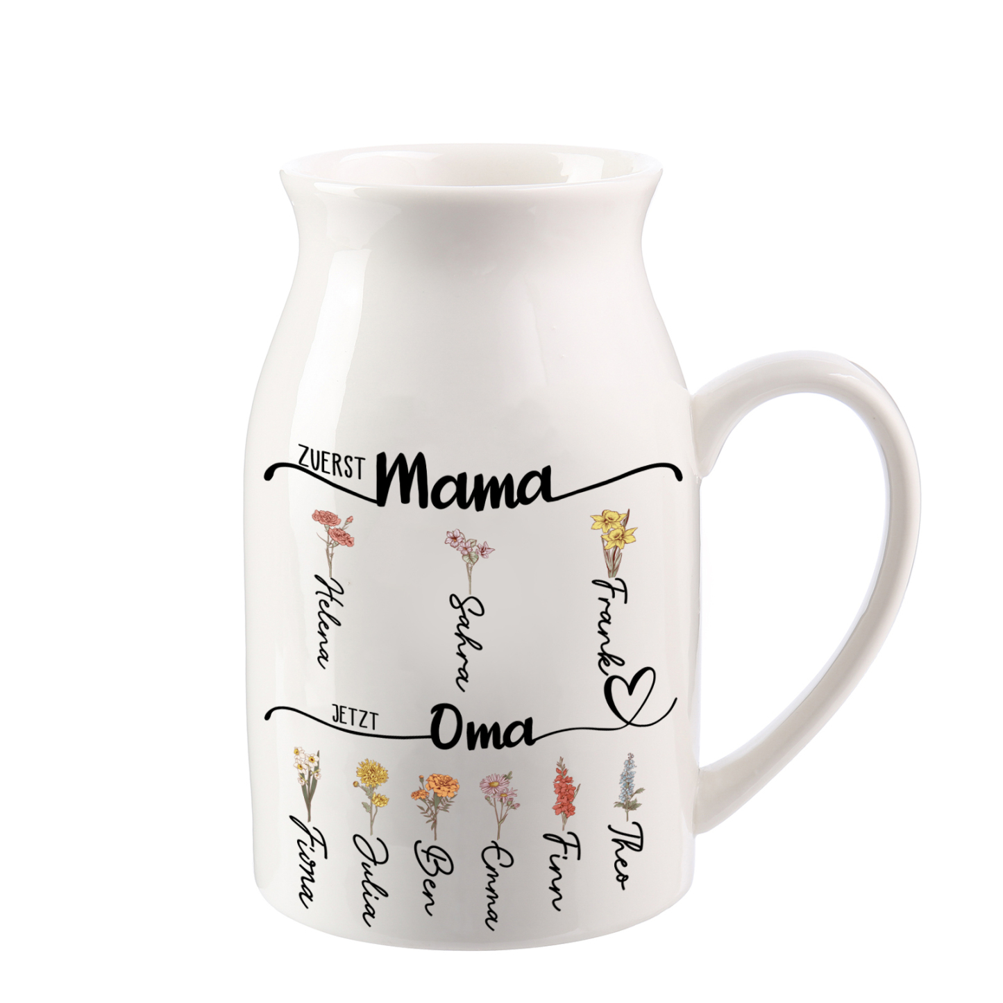 Personalisierte 1-8 Namen & Blumen Hand in Hand Familie Vase Geschenk für Mama Oma