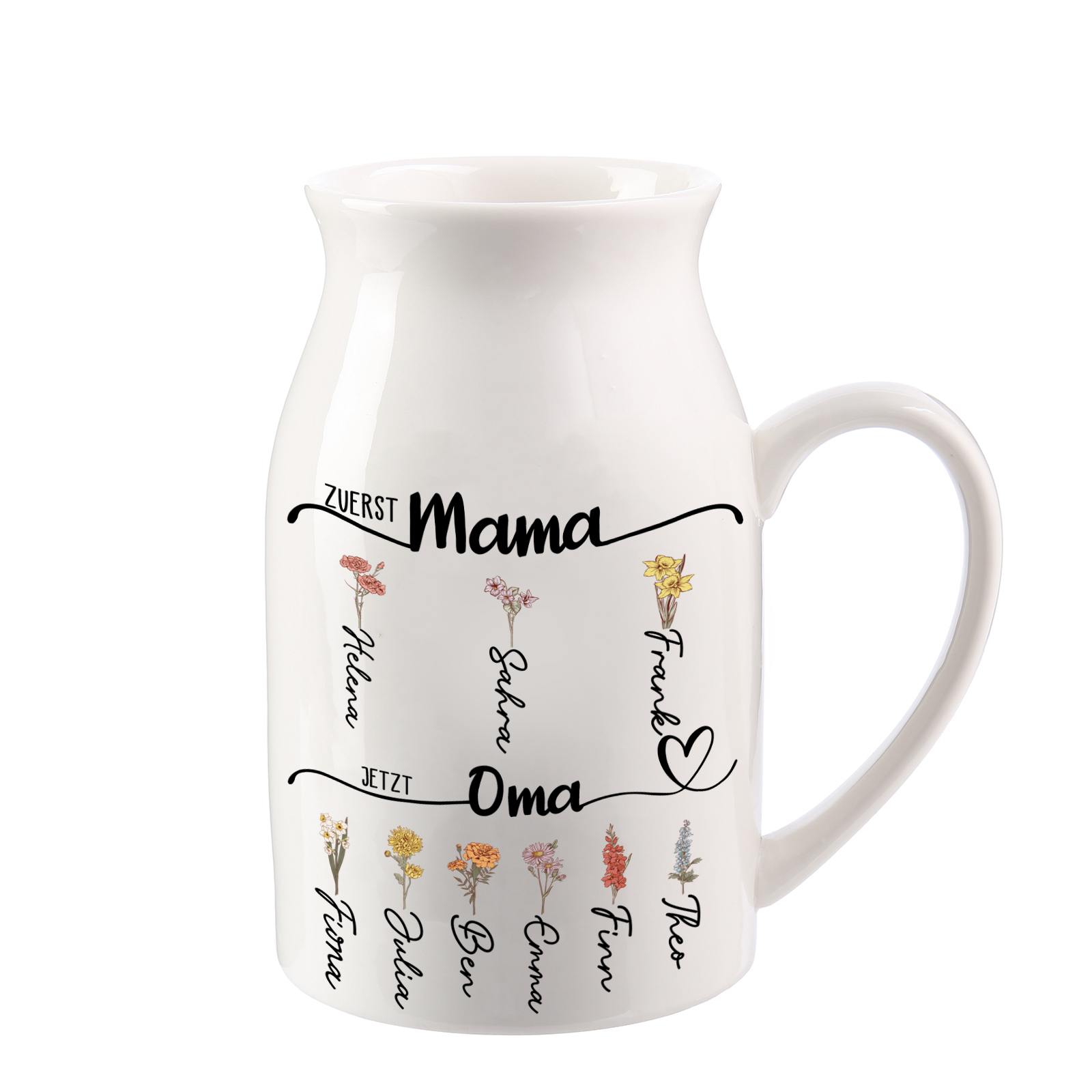 Personalisierte 1-8 Namen & Blumen Hand in Hand Familie Vase Geschenk für Mama Oma 