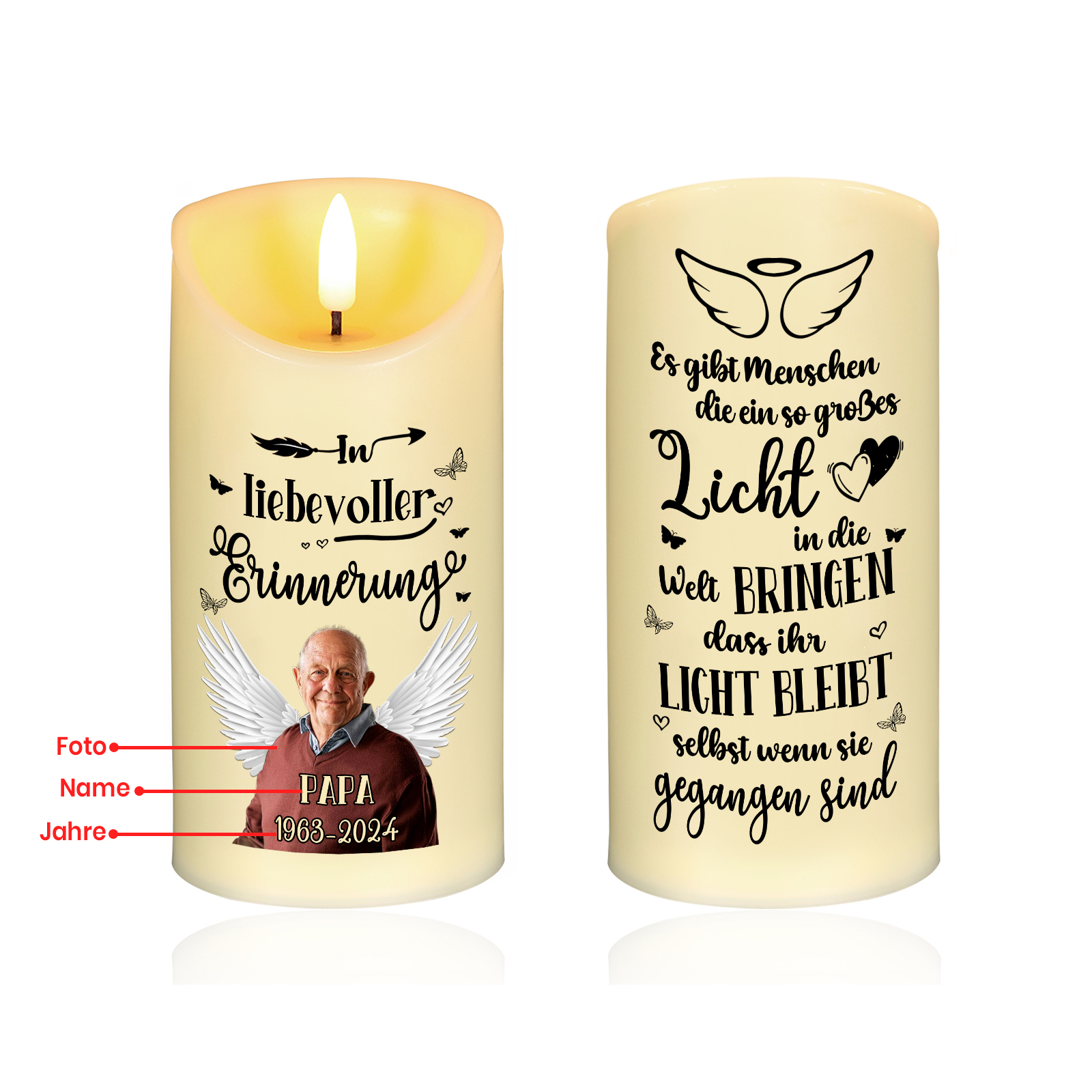 Personalisierbarer 1 Name & Foto & Datum LED-Gedenk-Kerze – In liebevoller Erinnerung Papa – Ein Licht für die Ewigkeit