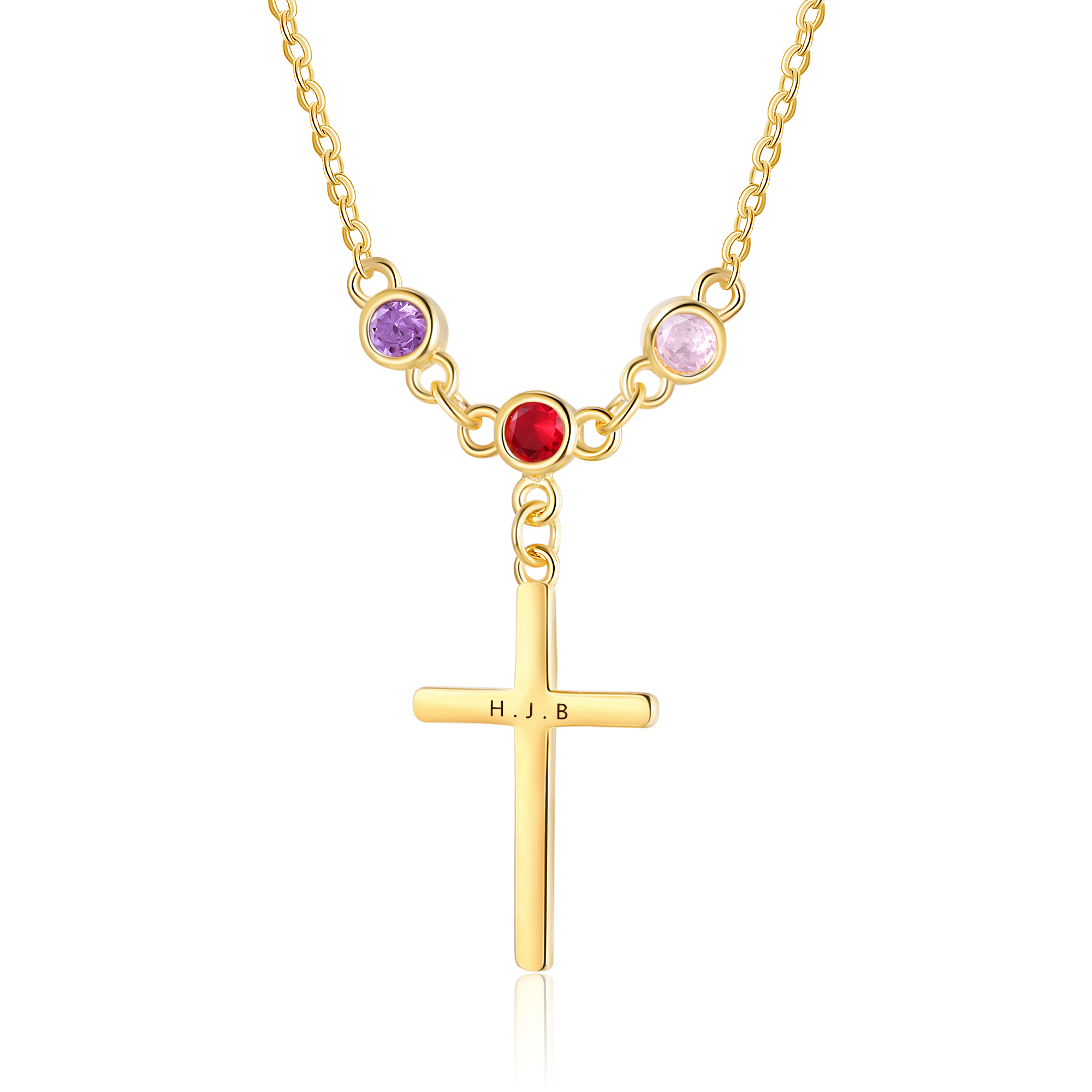 Personalisierter Text Kommunion Kreuz Halskette mit 3 Geburtssteinen