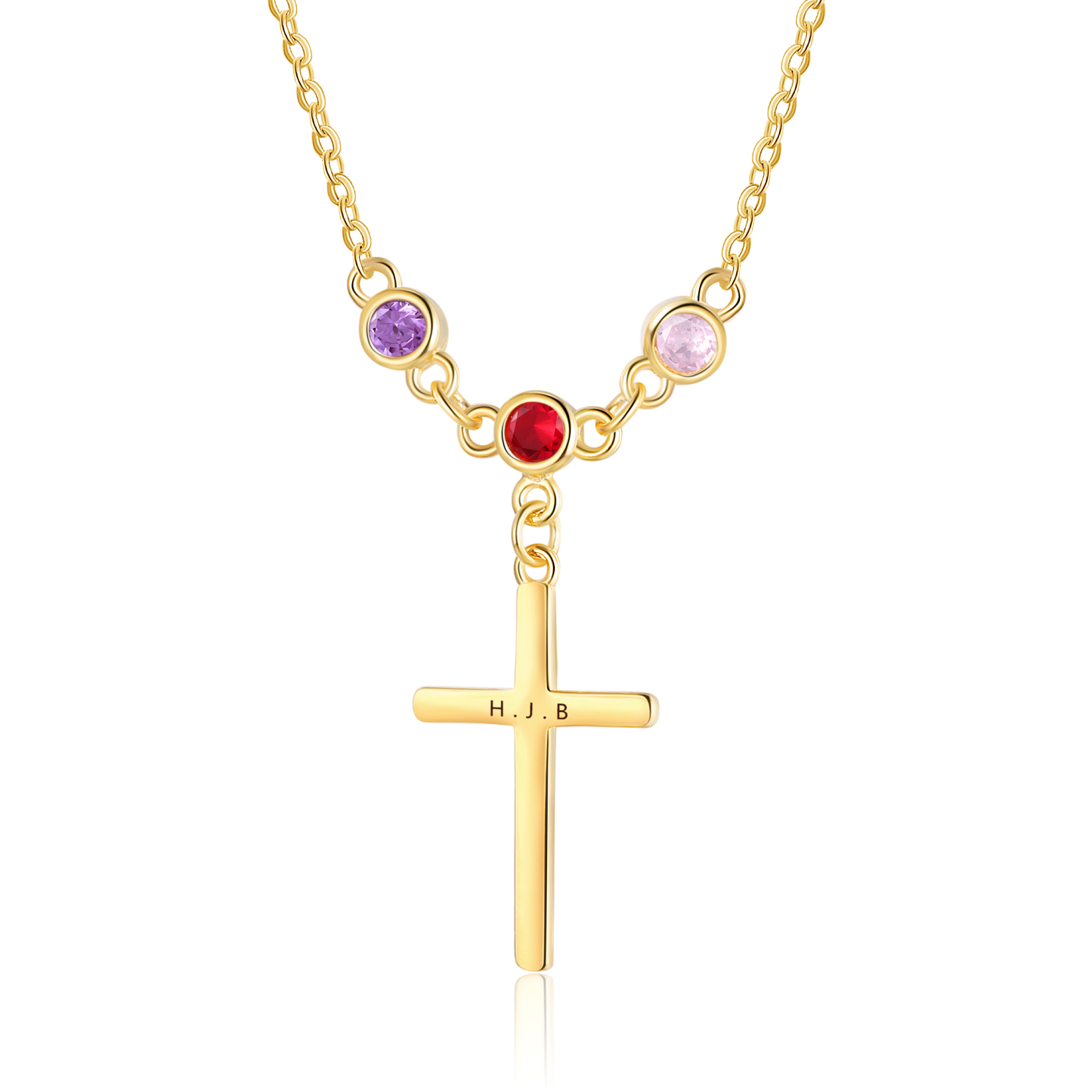 Personalisierter Text Kommunion Kreuz Halskette mit 3 Geburtssteinen