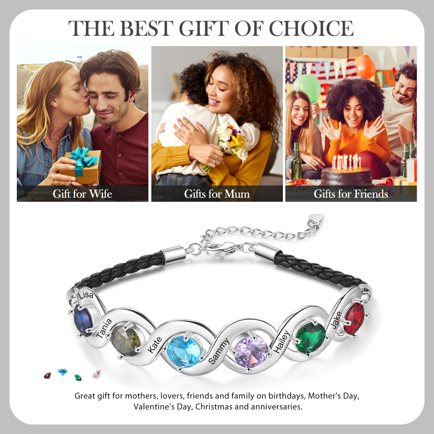 Personalisierte 6 Namen & 6 Geburtssteine Infinity Handseil Armband