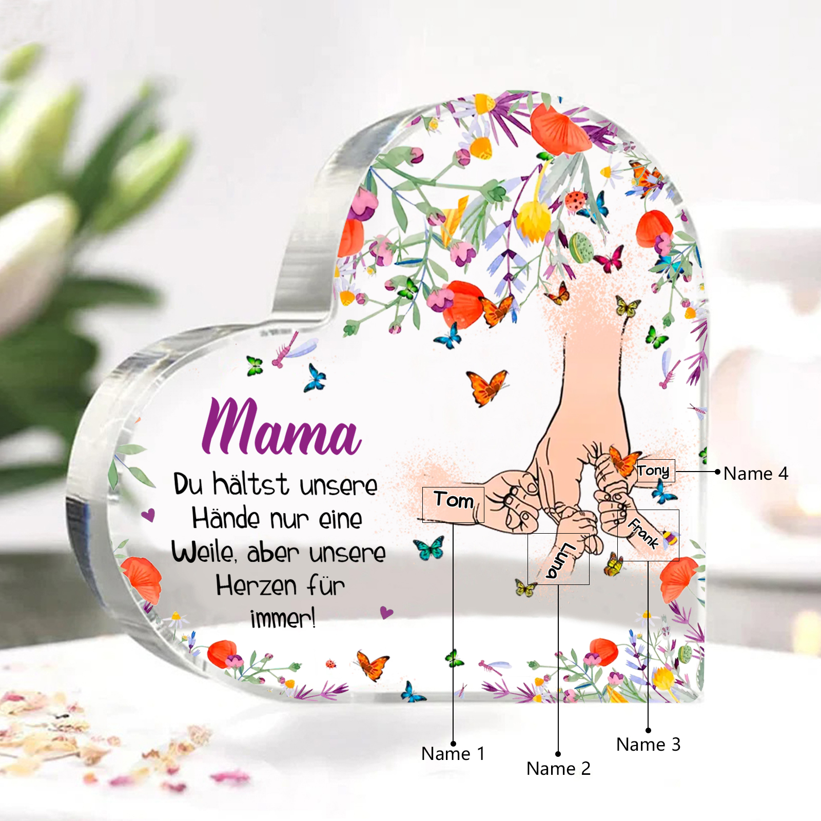 Personalisierte 4 Namen Herz Acryl-Deko -Mama Du hältst mein Hand nur eine Weile, aber unsere Herzen für immer- Schreibtischdekoration für Mutter
