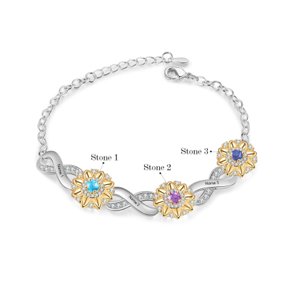 Personalisierte 3 Namen & 3 Geburtssteine Sonnenblume Infinity Armband mit Zirkonia