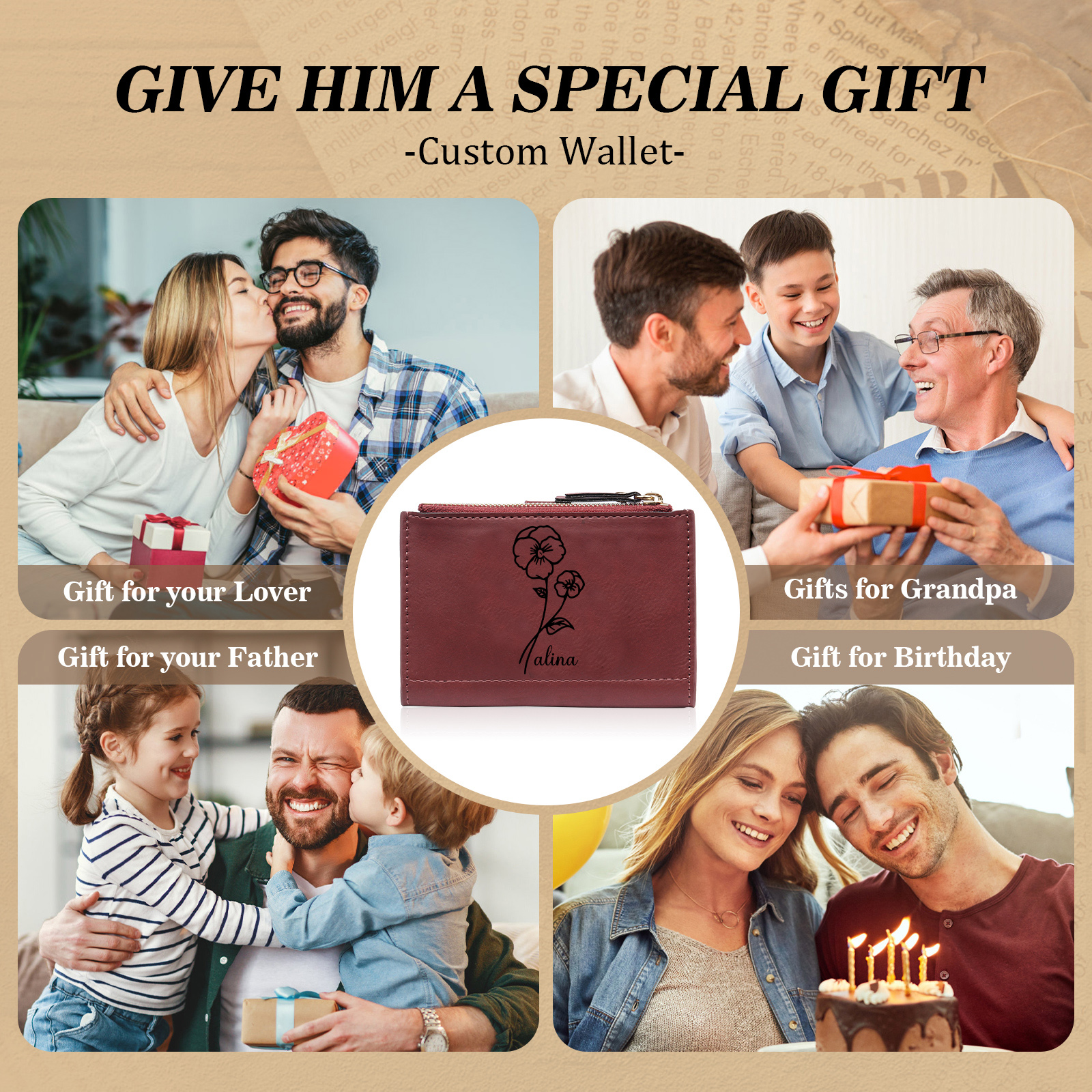 Damen Personalisierter Text & Name & Geburtsblume PU Leder Geldbörse