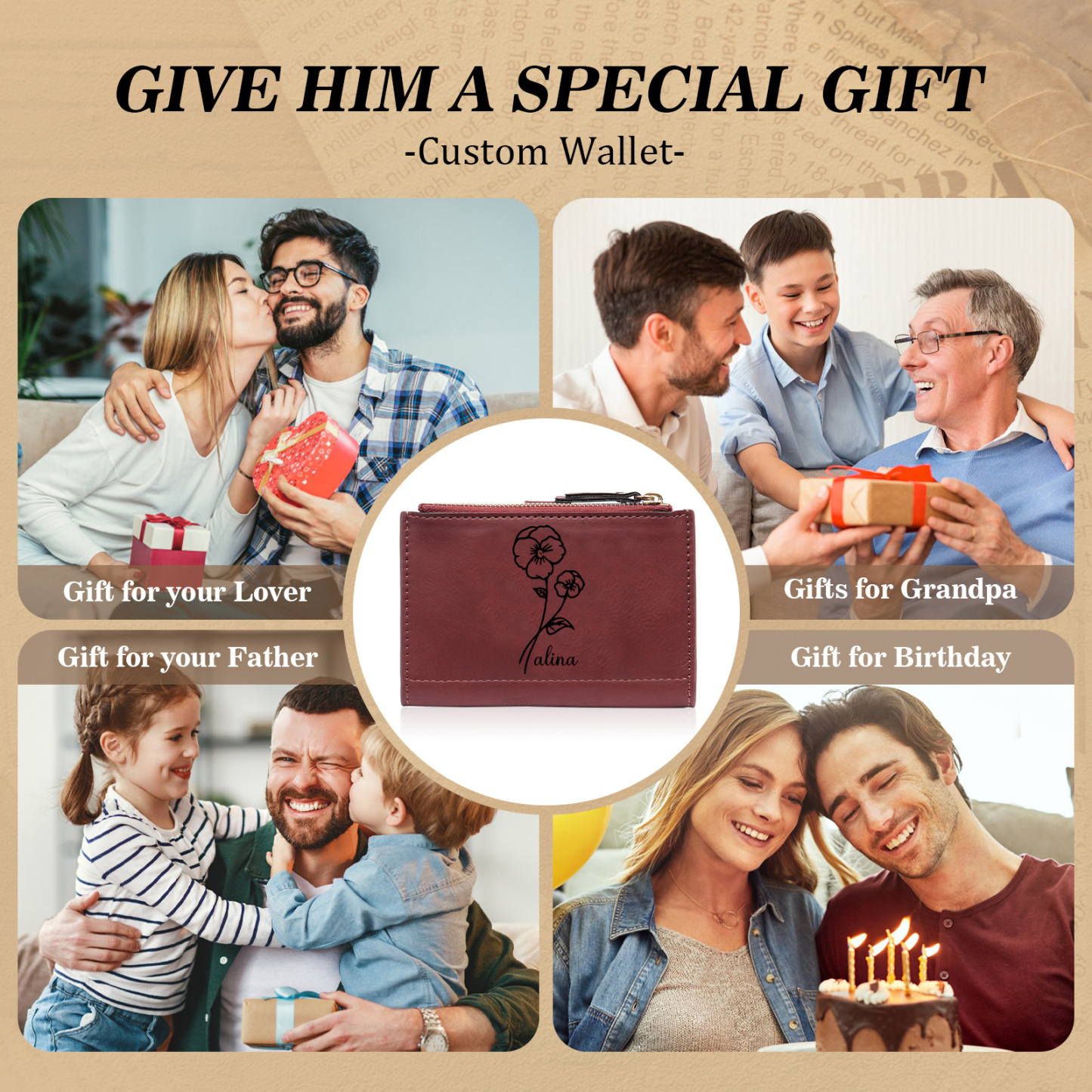 Damen Personalisierter Text & Name & Geburtsblume PU Leder Geldbörse