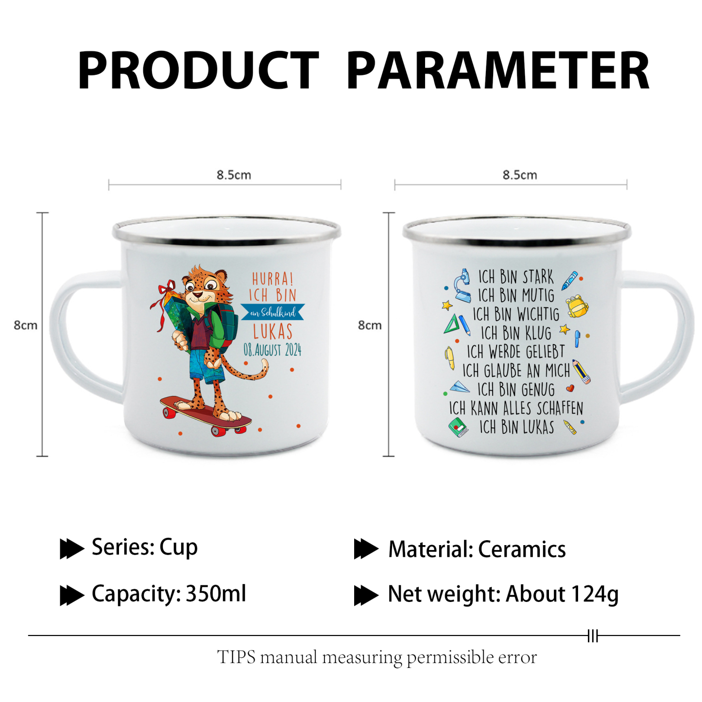 Emaille Tasse-Personalisierter Name & Datum Tiger Becher - Hurra ich bin ein Schulkind Ich kann alles schaffen - Geschenk zum Schulanfang