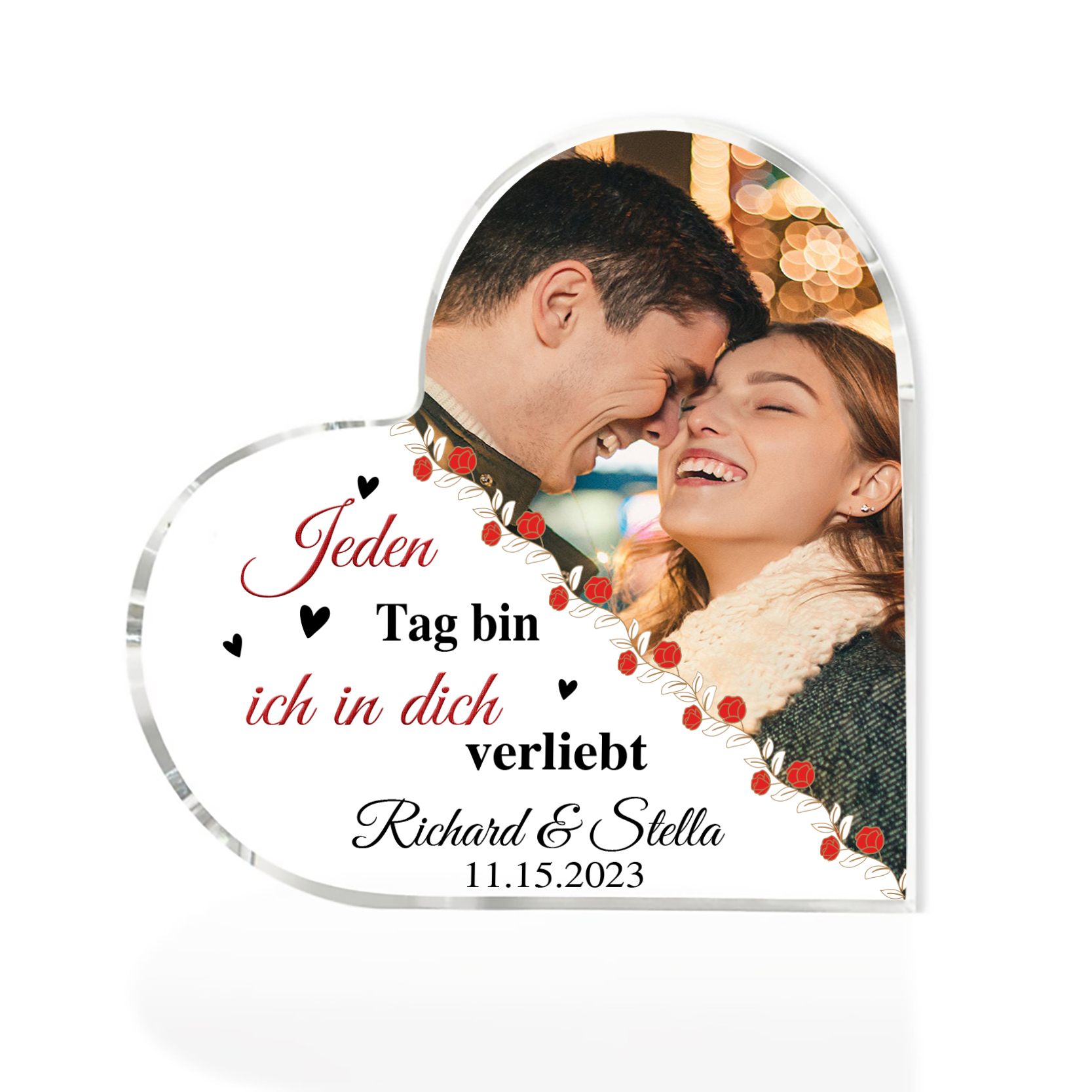 Personalisierte 2 Namen & Foto & Datum Acryl-Deko-Jeden Tag bin ich in dich verliebt-Schreibtischdekoration für Paar
